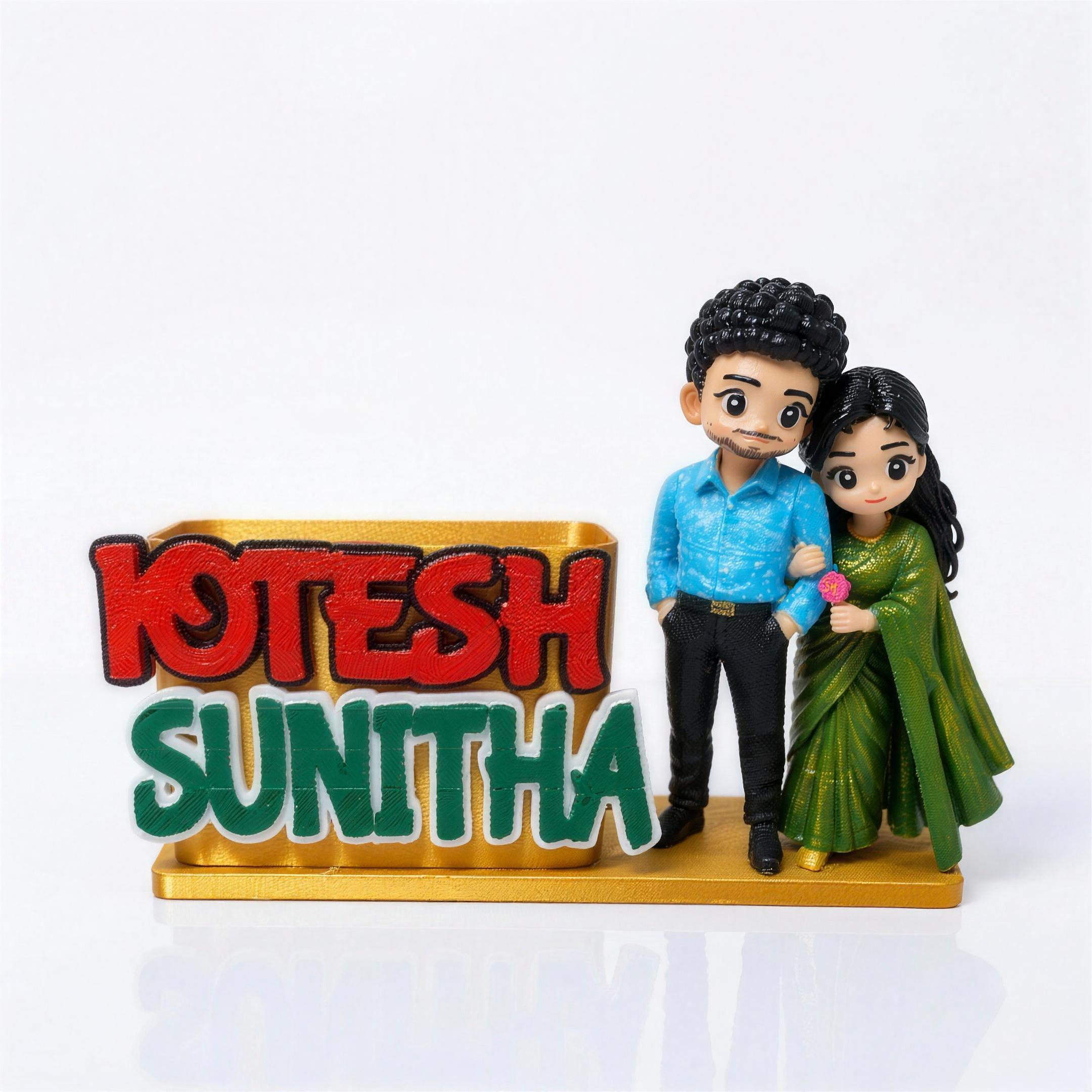 Personalised couple miniature pen holder with NFC tap-to-play video and custom 3D names
