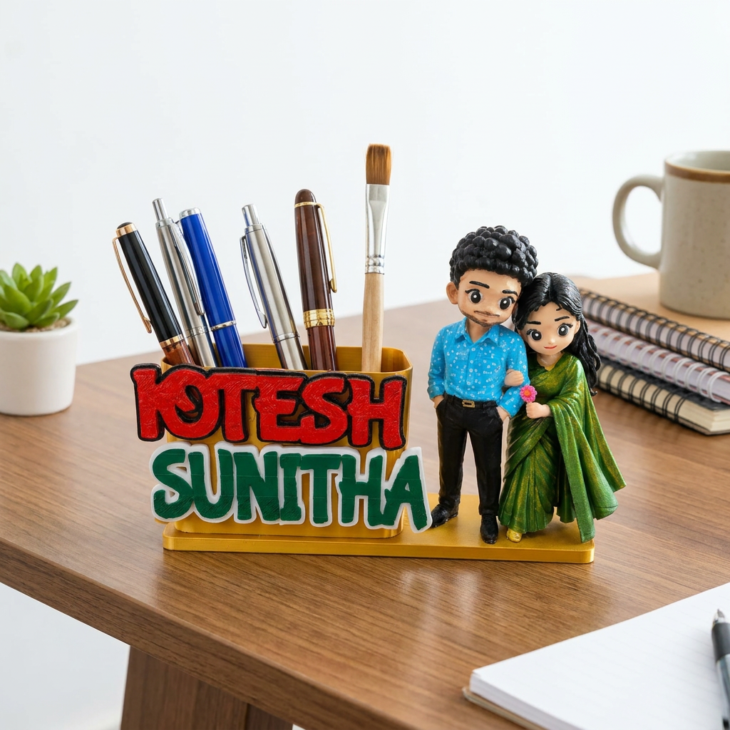 Couple miniature pen holder working desk organizer holding pens and brushes