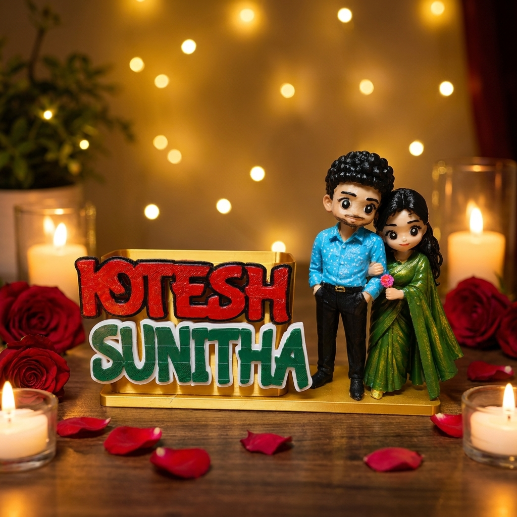 Personalised couple miniature anniversary gift with candles and red roses