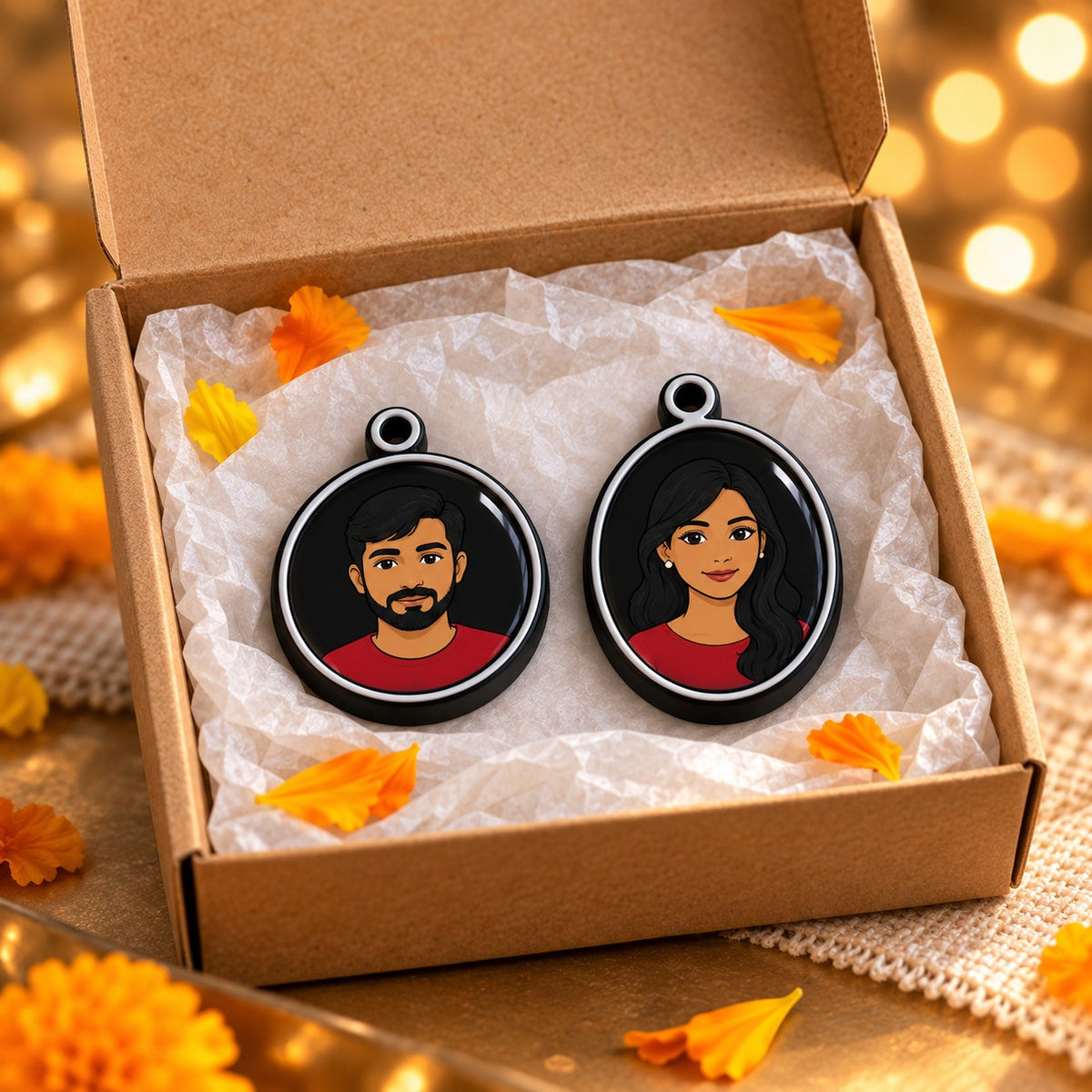 Two photo keychains in a kraft gift box