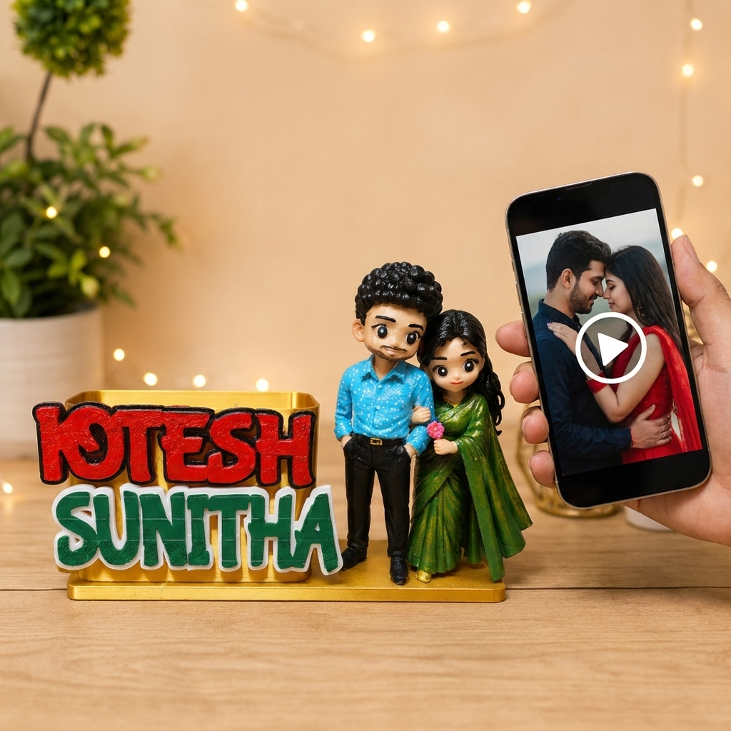 Hand tapping smartphone near couple miniature names to play wedding anniversary video
