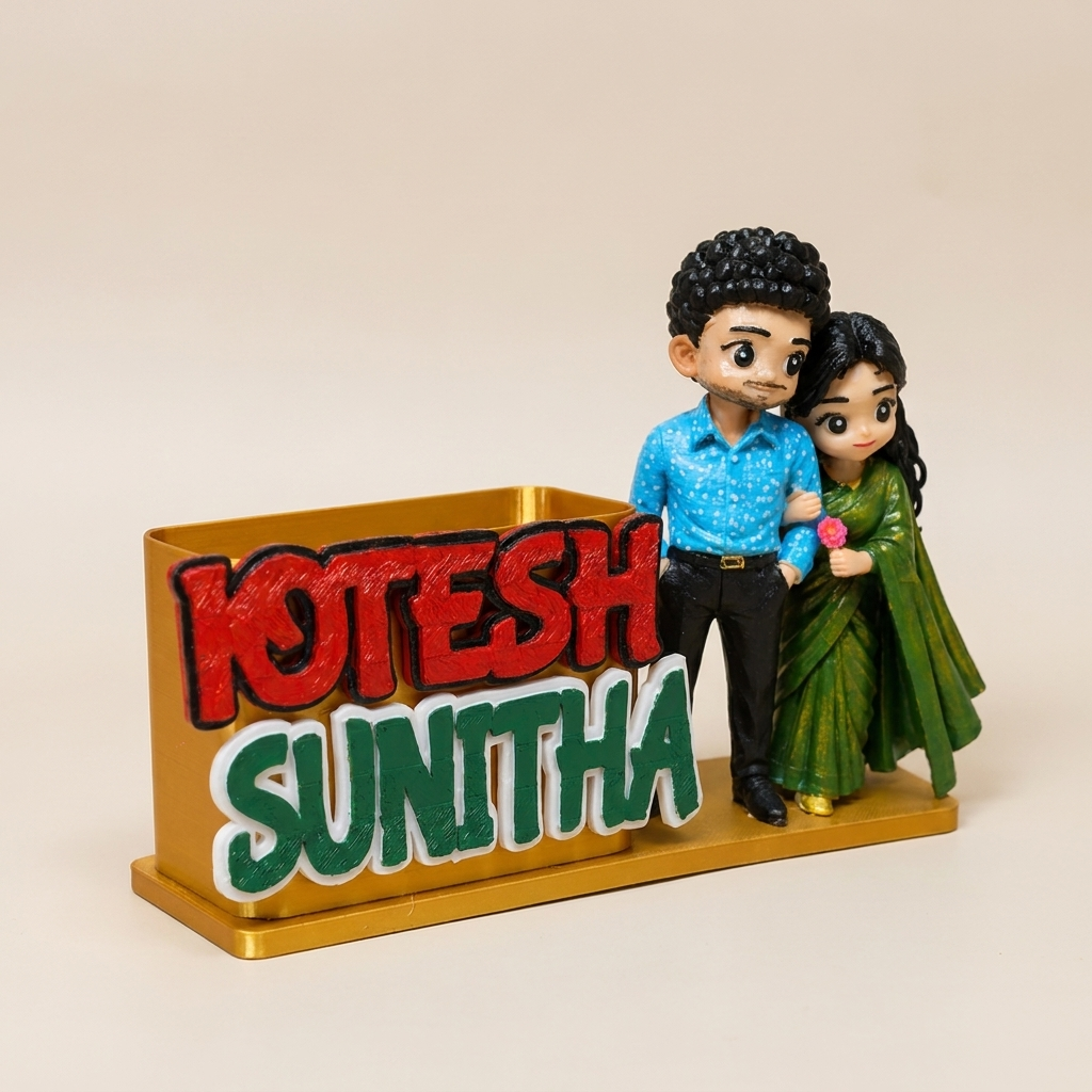 Three-quarter angle view of personalised couple miniature pen holder