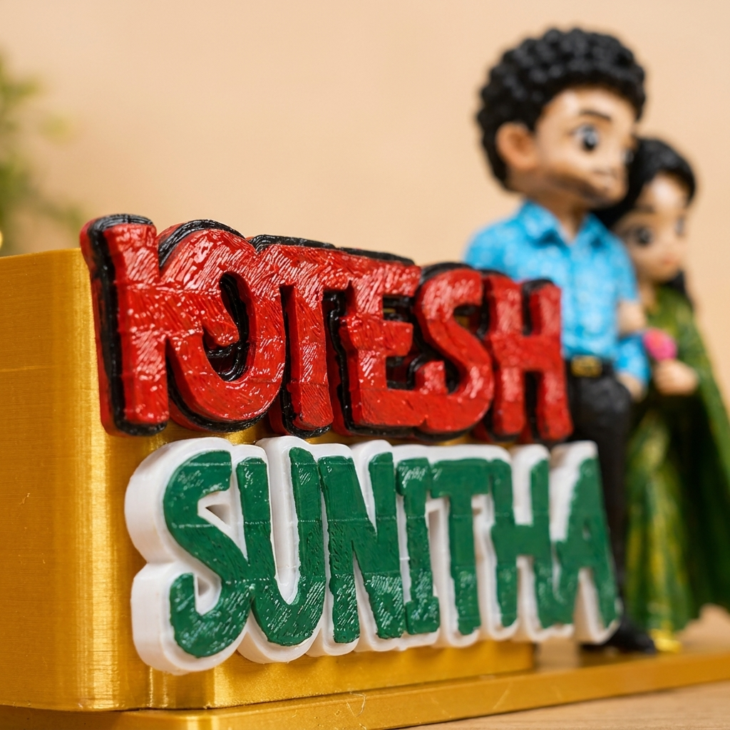 Close-up of custom 3D printed raised couple names on golden pen holder base
