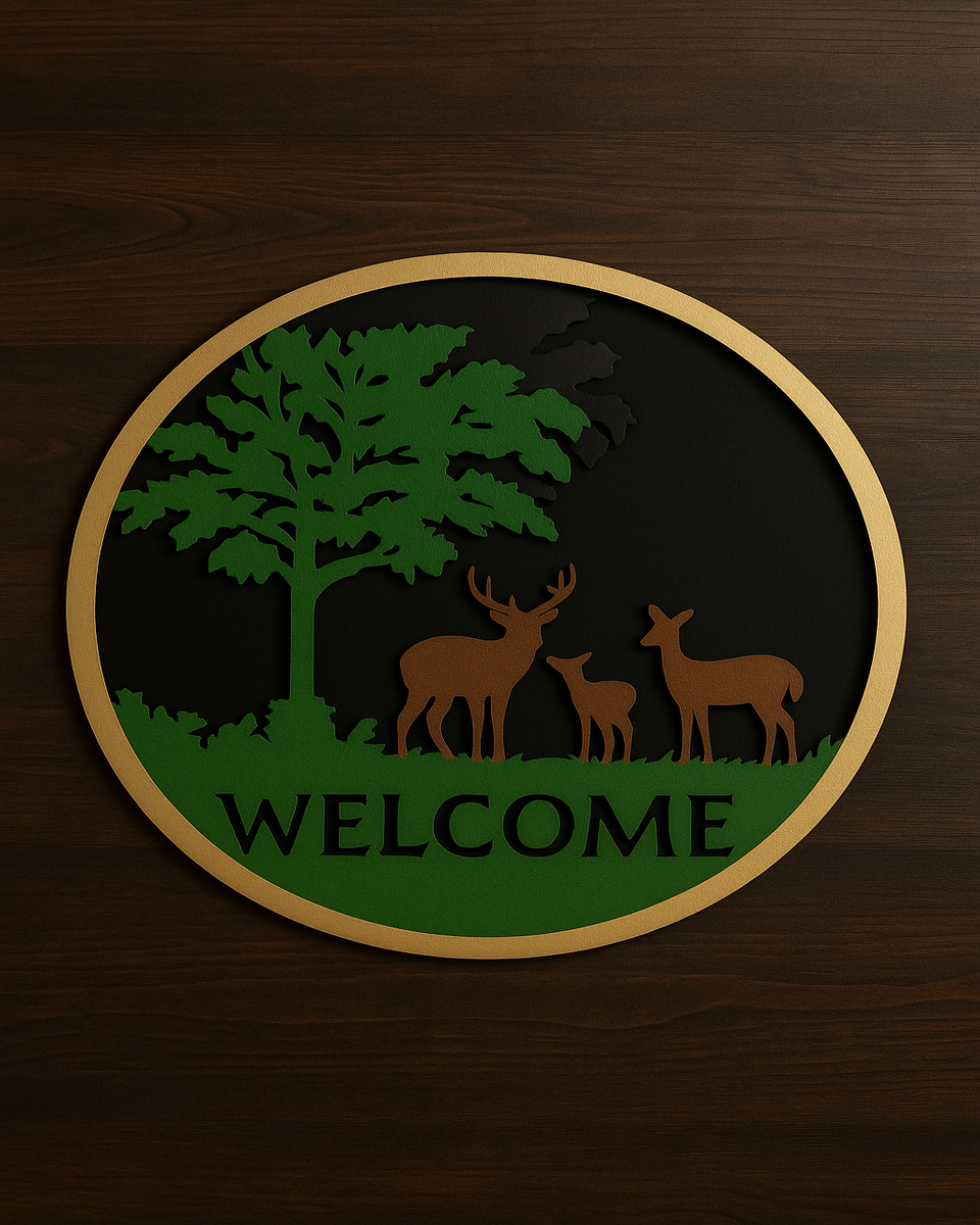 Welcome” Sign with Deer & Tree Design – 12 Inch Round MDF Wall Decor