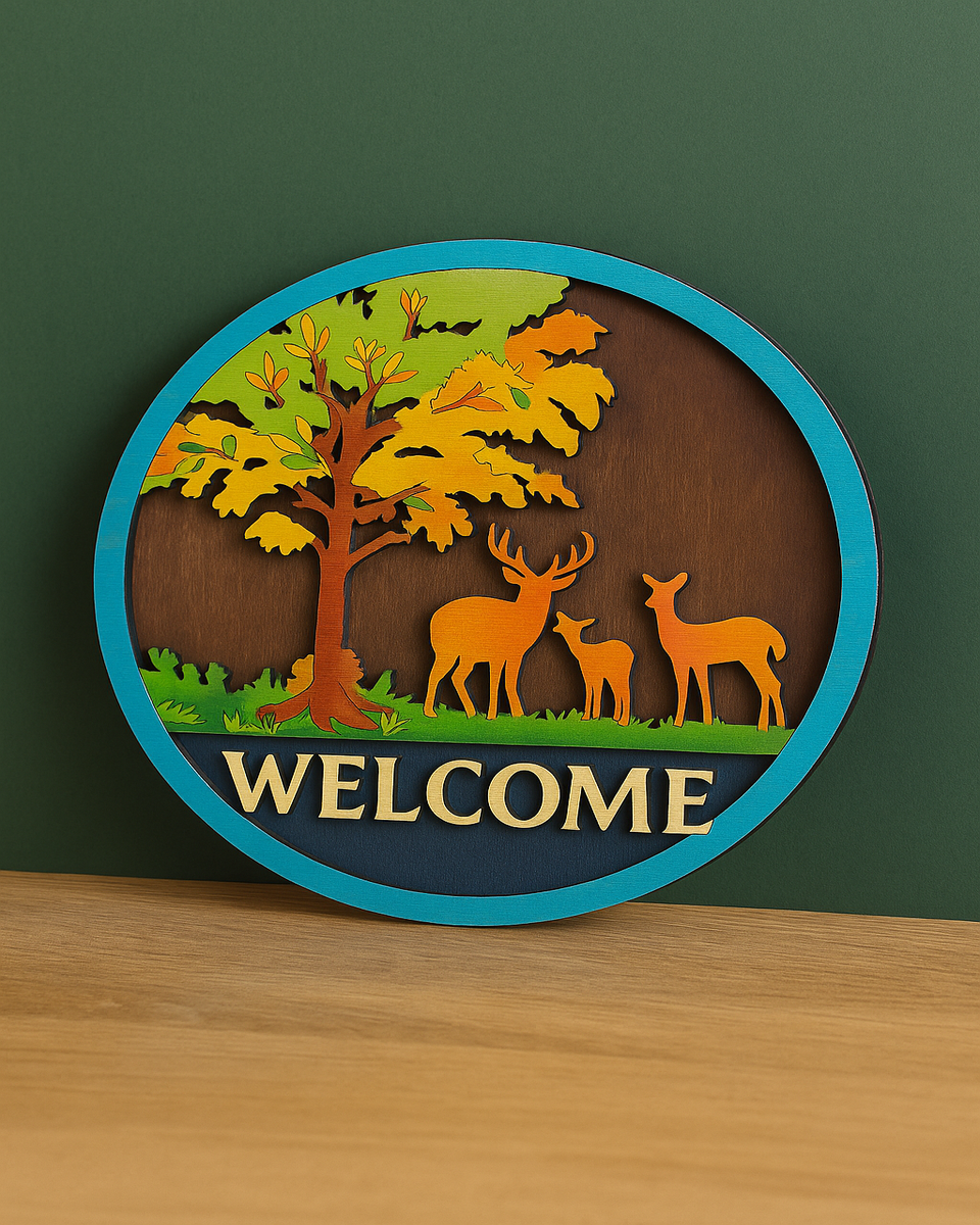 Welcome” Sign with Deer & Tree Design – 12 Inch Round MDF Wall Decor