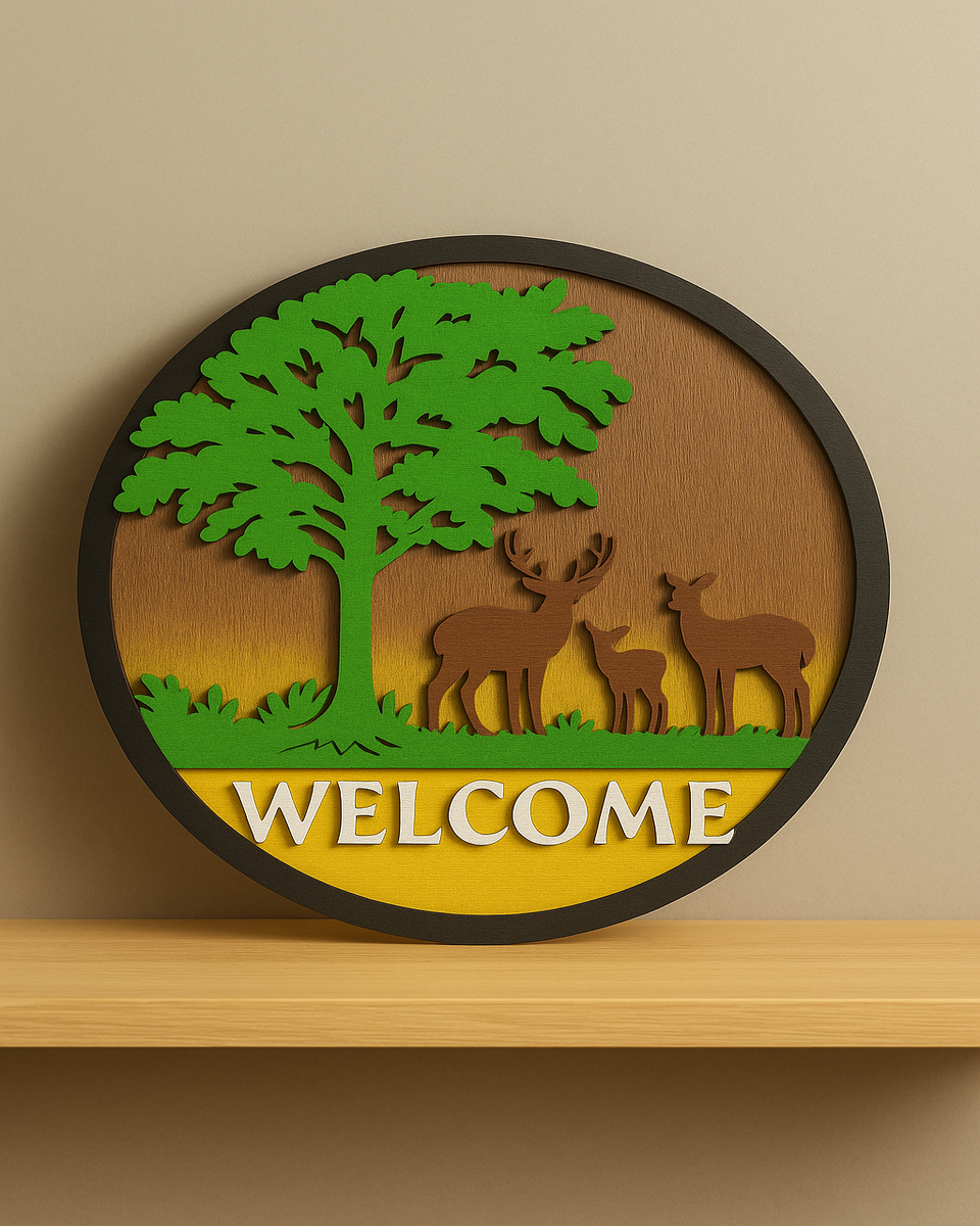 Welcome” Sign with Deer & Tree Design – 12 Inch Round MDF Wall Decor