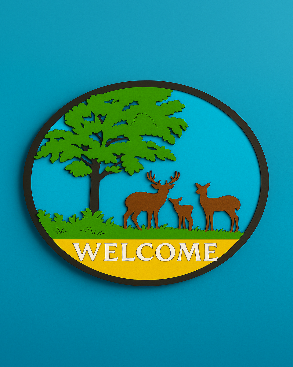 Welcome” Sign with Deer & Tree Design – 12 Inch Round MDF Wall Decor