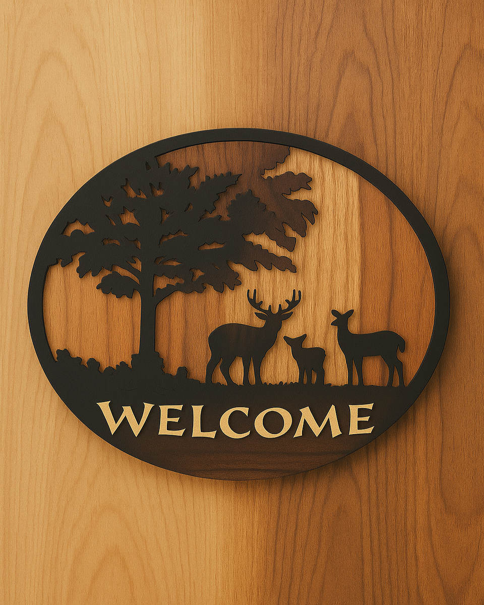 Welcome” Sign with Deer & Tree Design – 12 Inch Round MDF Wall Decor