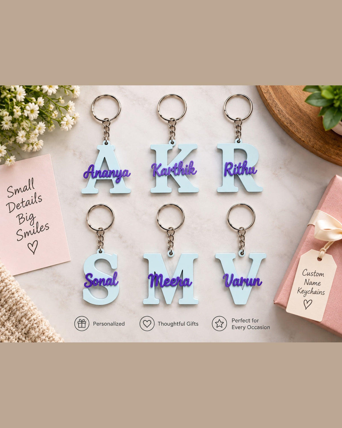 Personalised 3D printed initial keychains A, K, R, S, M and V with the names Ananya, Karthik, Rithu, Sonal, Meera and Varun in purple script