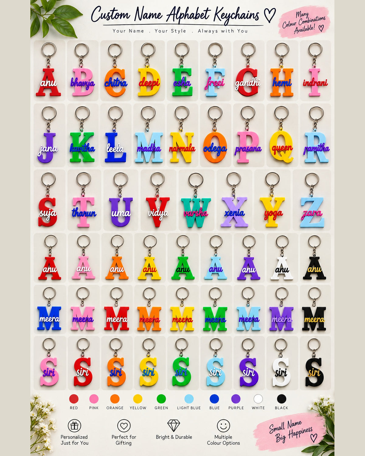 Colour chart for the custom name alphabet keychain: every letter A to Z and ten colour options for the letter and the name