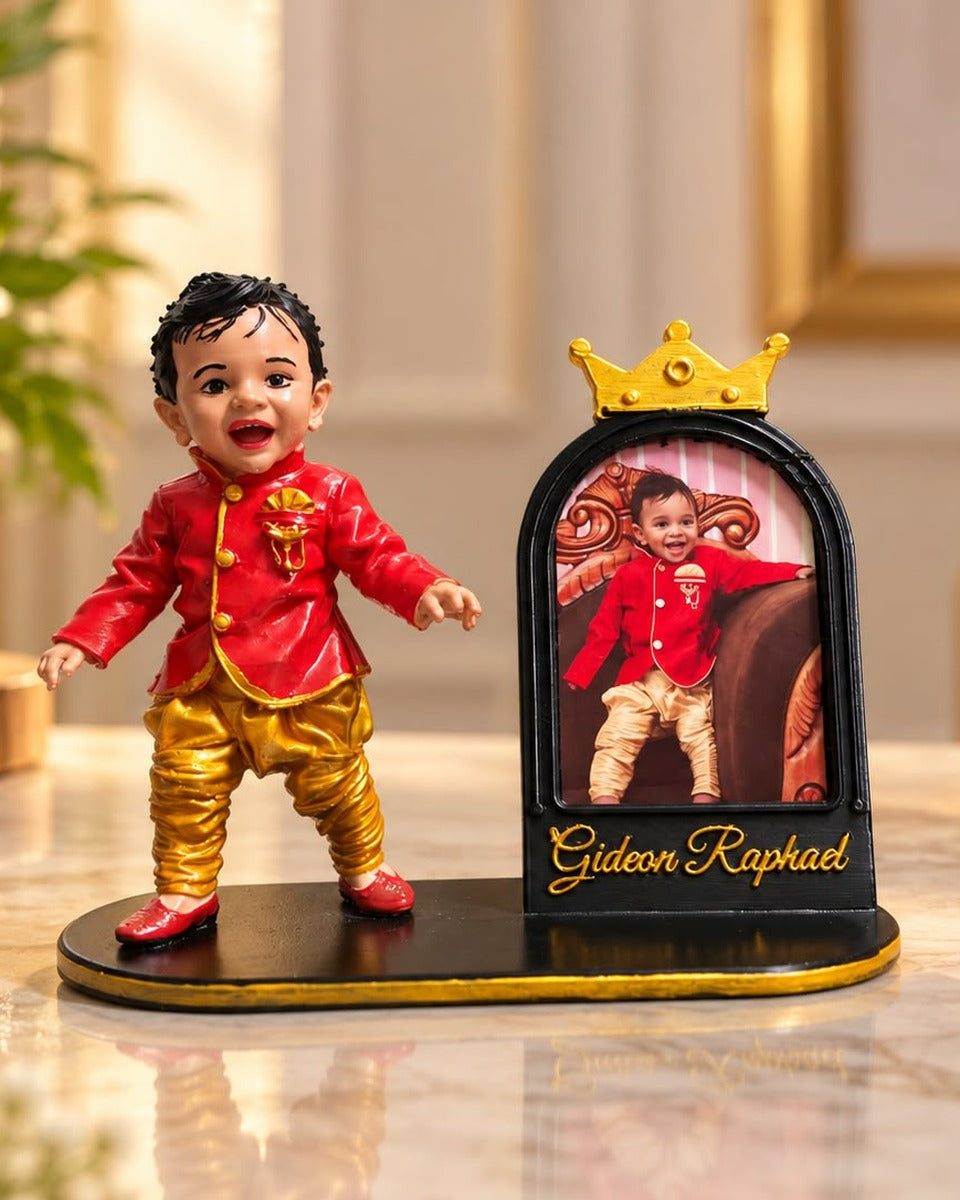 Personalised baby miniature with crown photo frame and gold name on a marble table, gift display