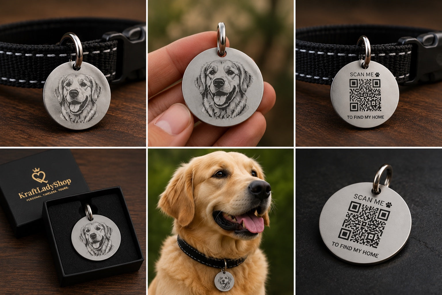 Personalised Pet ID Tag — engraved portrait, QR back, gift box
