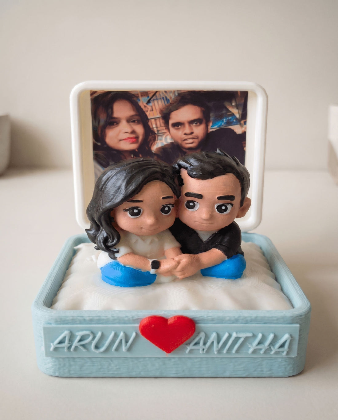 Custom Miniature Couple Box — handcrafted 3D couple figurine with photo (Arun & Anitha)