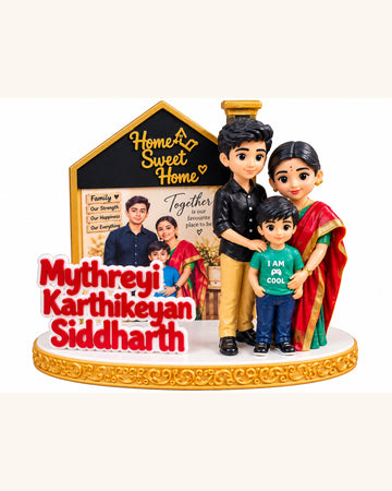 Personalised family miniature with three chibi figurines, Home Sweet Home house-shaped photo frame and three names on a gold-trimmed stage base
