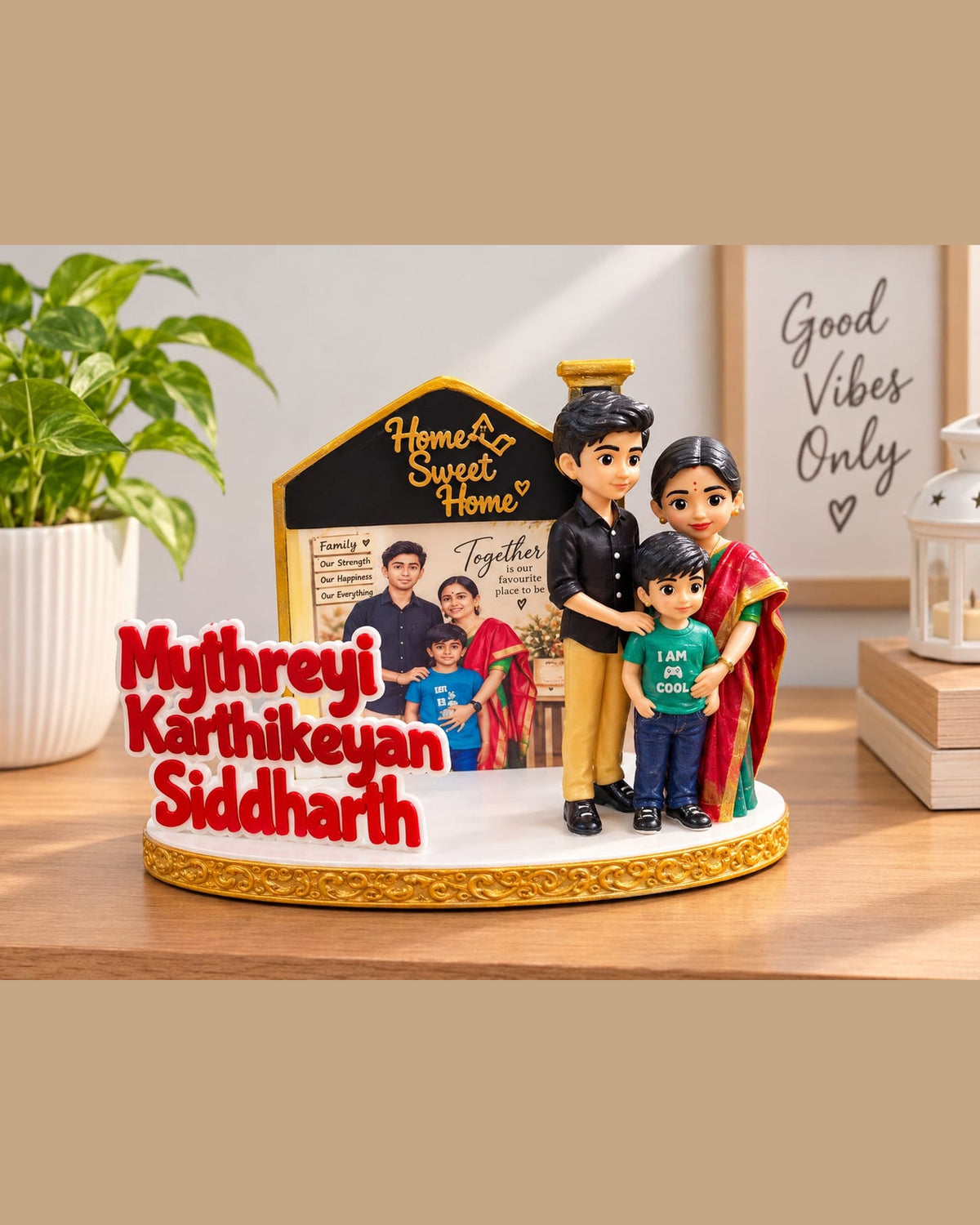 Custom family figurine set on a living room shelf – personalised from your photos with a Home Sweet Home photo frame and family names