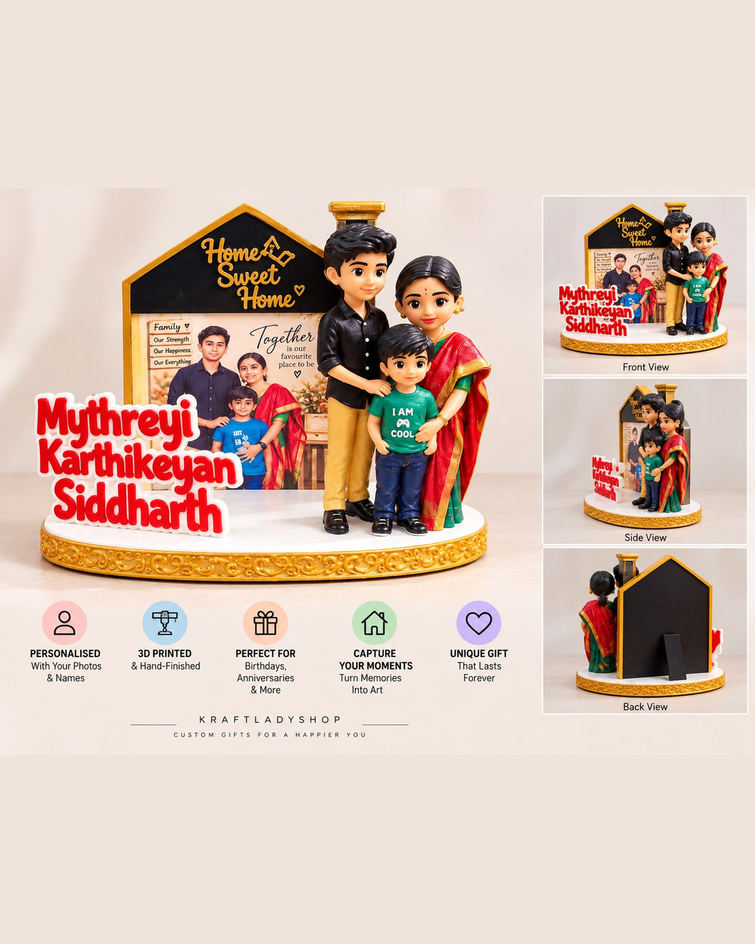 Personalised family miniature with three chibi figurines, Home Sweet Home house-shaped photo frame and three names on a gold-trimmed stage base