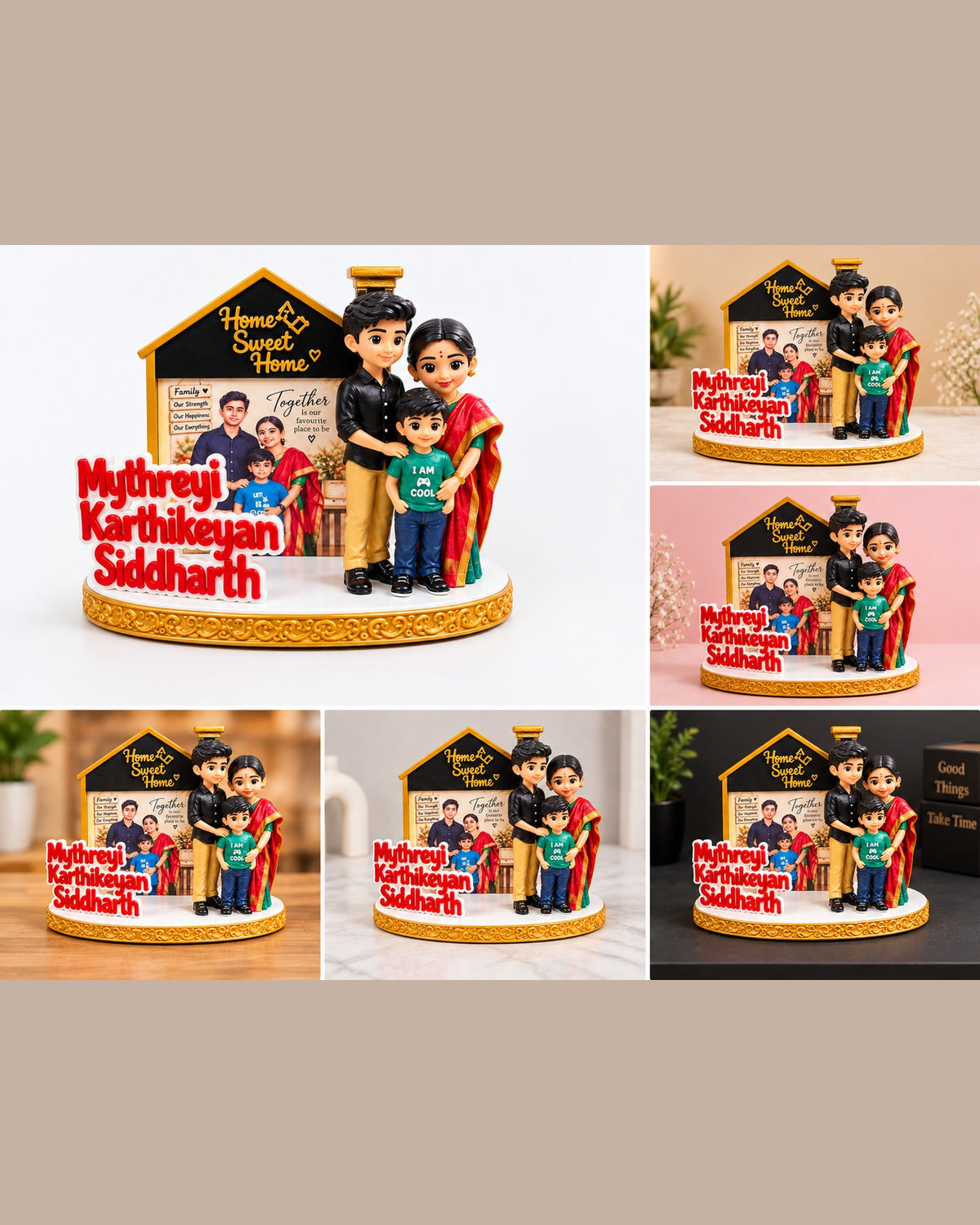 Custom family miniature with photo frame and names displayed in different home settings – personalised gift for parents and families