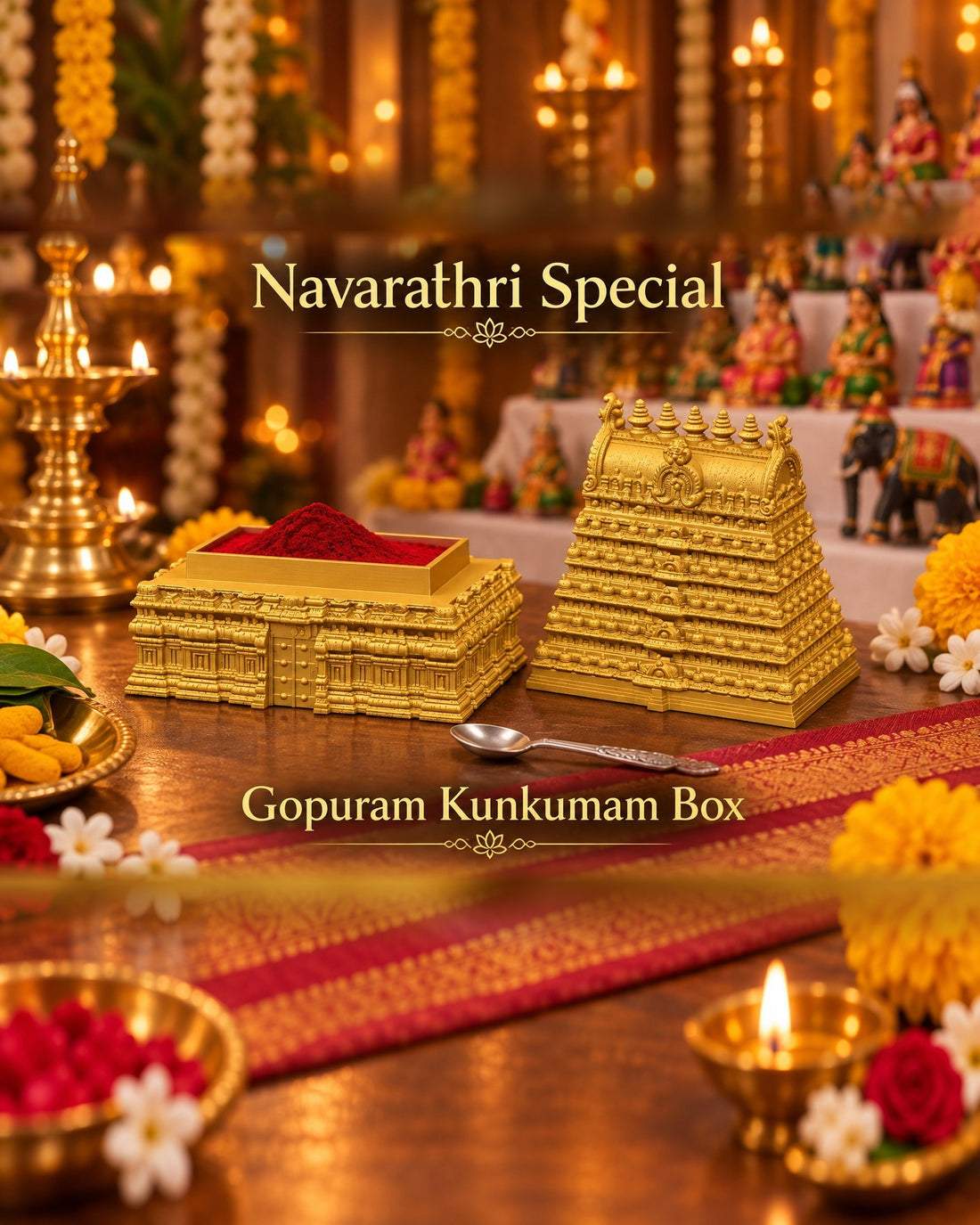 Gold gopuram kumkum box with lid open, filled with red kunkumam – Navratri return gift