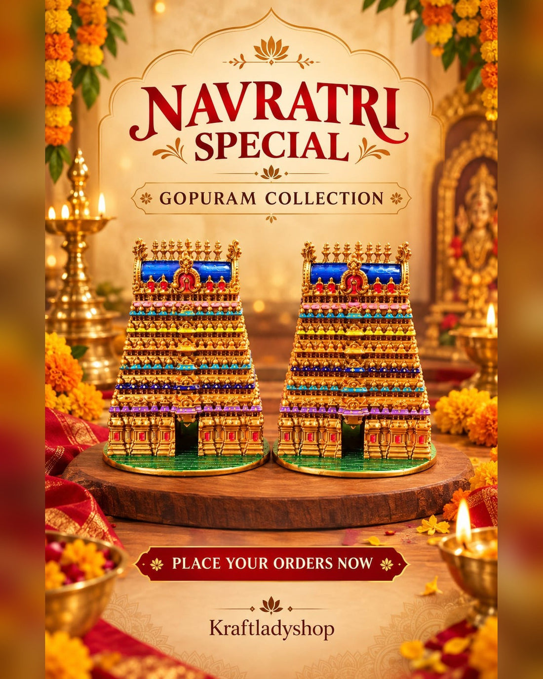 Gold gopuram temple showpiece pair for pooja room and Navratri golu – Kraft Lady Shop