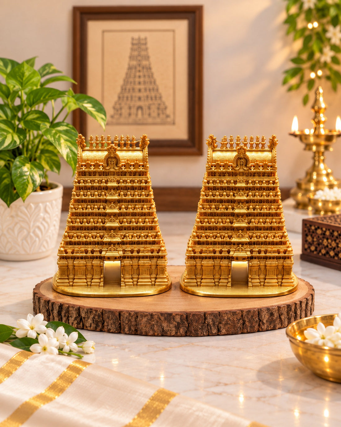 Gold gopuram temple showpiece pair for pooja room and Navratri golu – Kraft Lady Shop