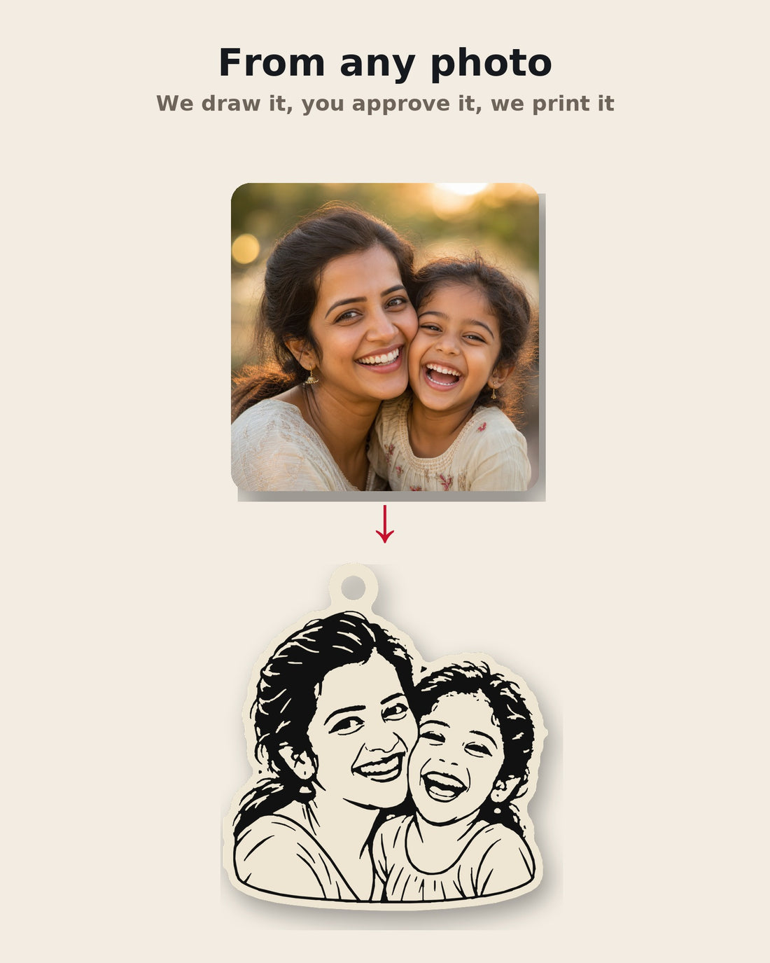 Personalised line-art portrait photo keychain from your photo, Kraft Lady Shop