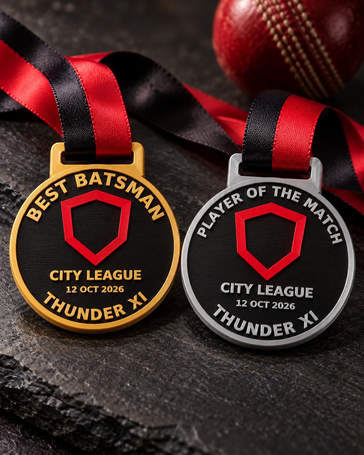 Personalised team medals with logo, award name, league and date — gold and silver
