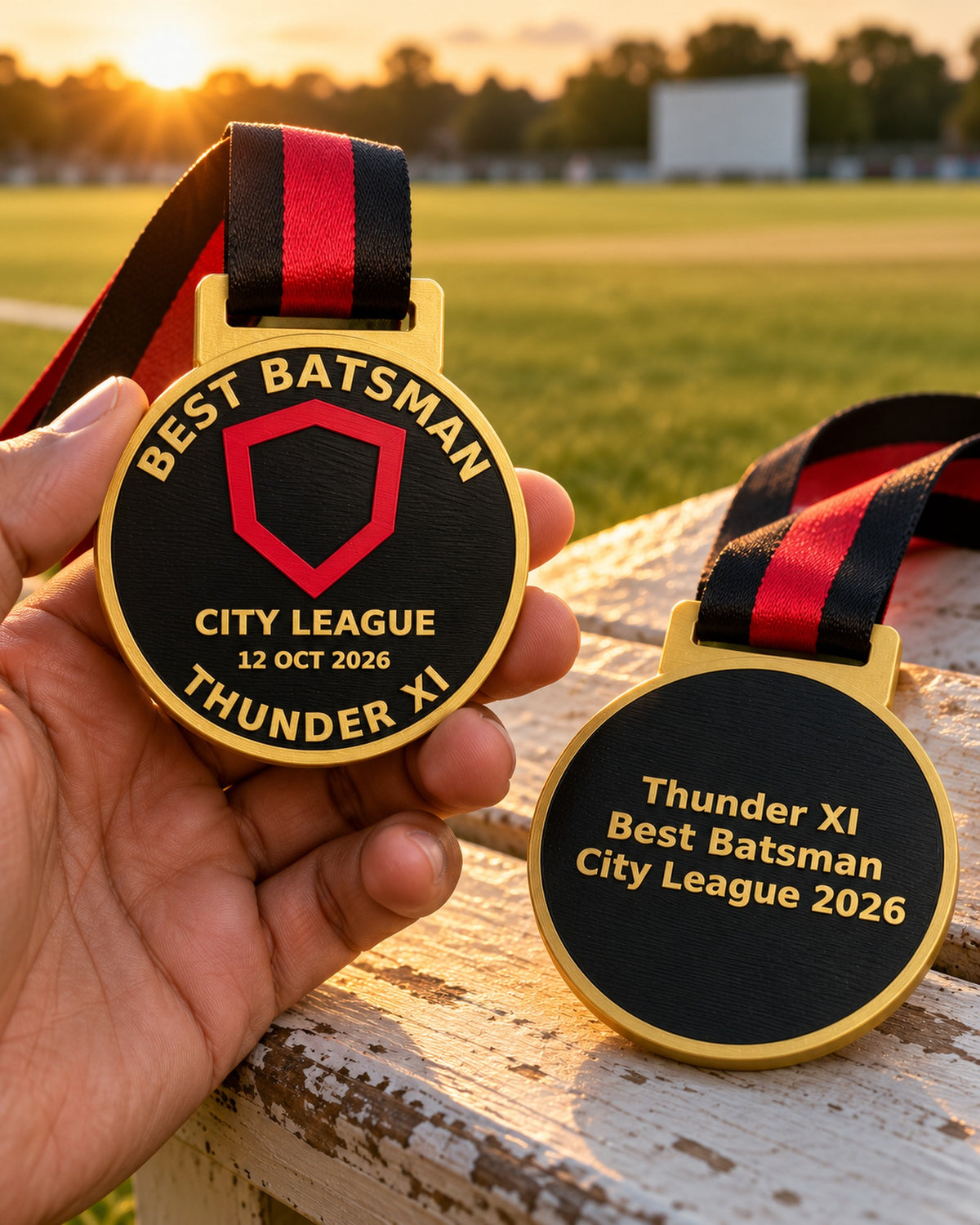 Custom cricket medal front and engraved back with team, award and date