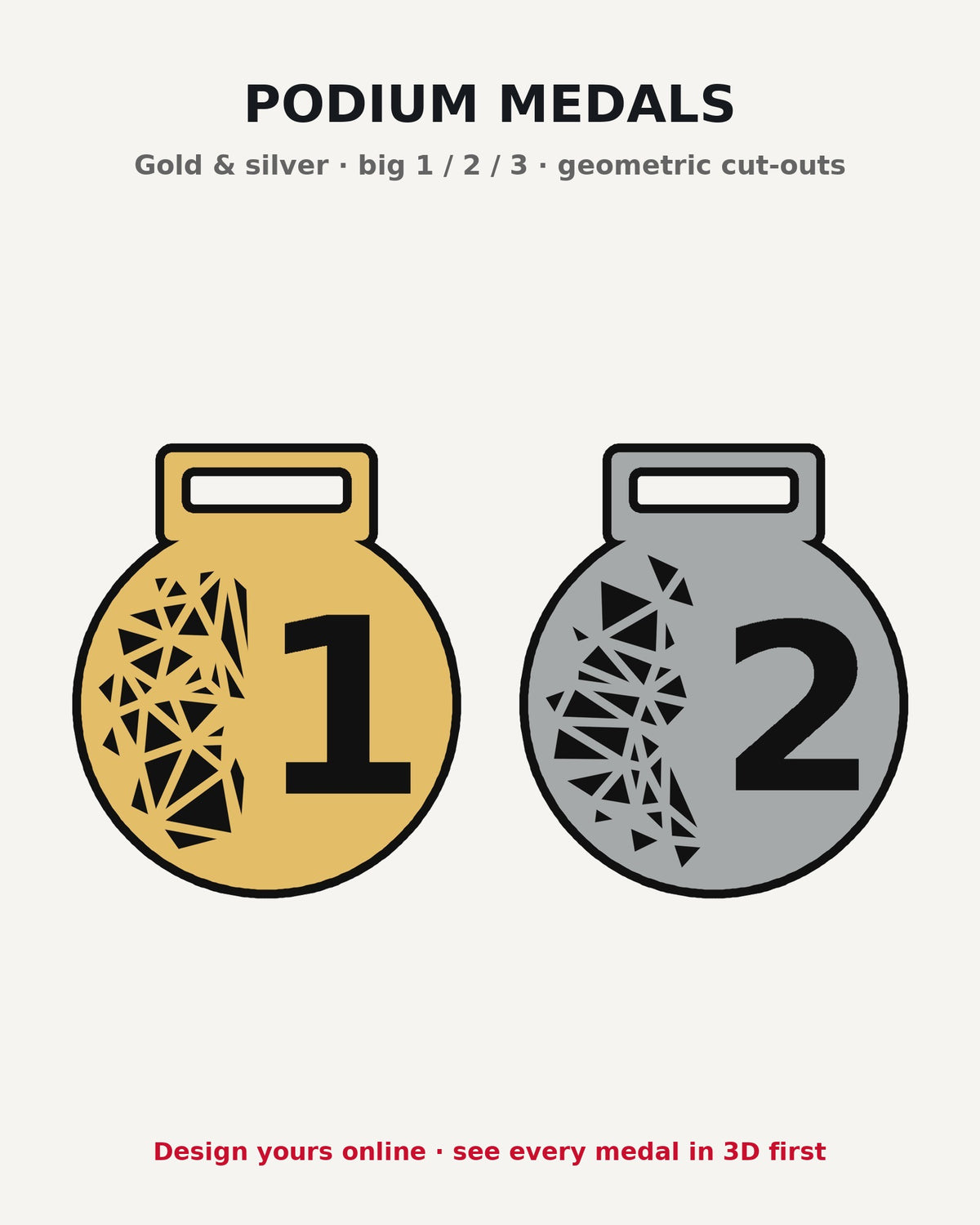 Podium medals in gold and silver with big 1 and 2 and geometric cut-outs