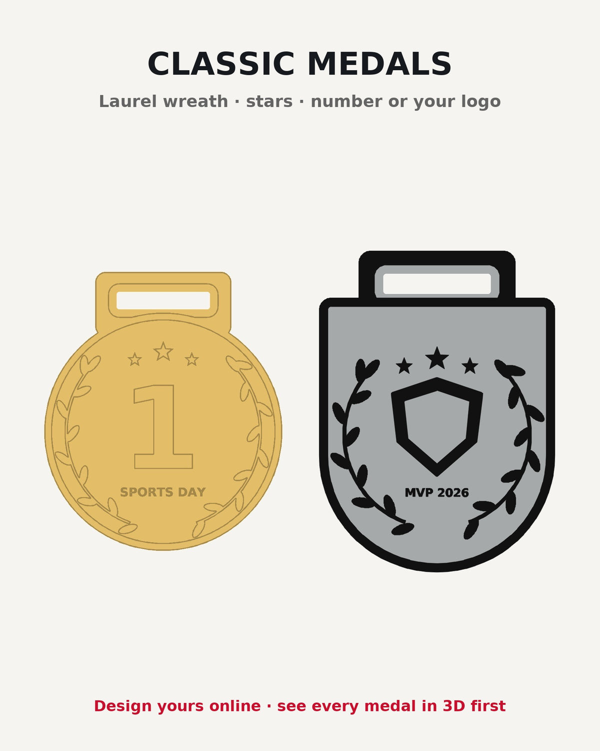 Classic laurel wreath medals with number or team logo