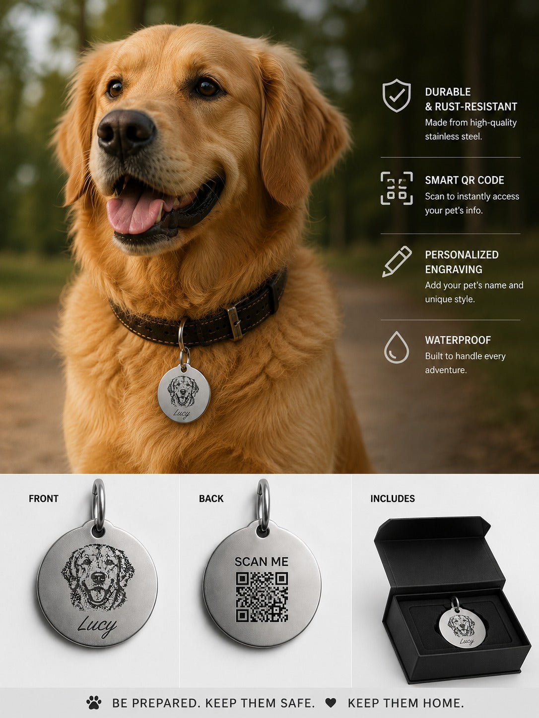 Personalised Pet ID Tag – Portrait & QR Way-Home Tag