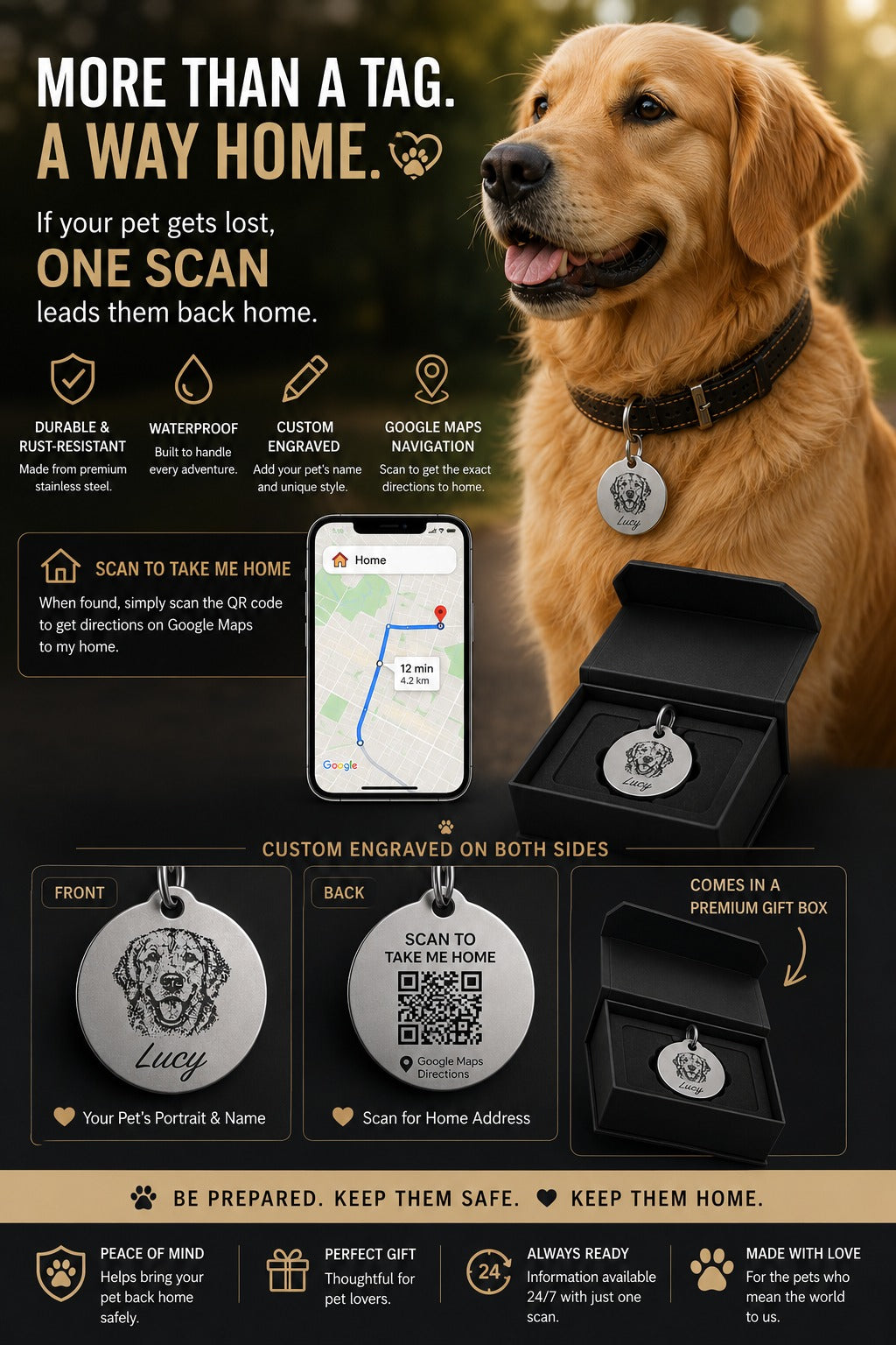 Personalised Pet ID Tag – Portrait & QR Way-Home Tag