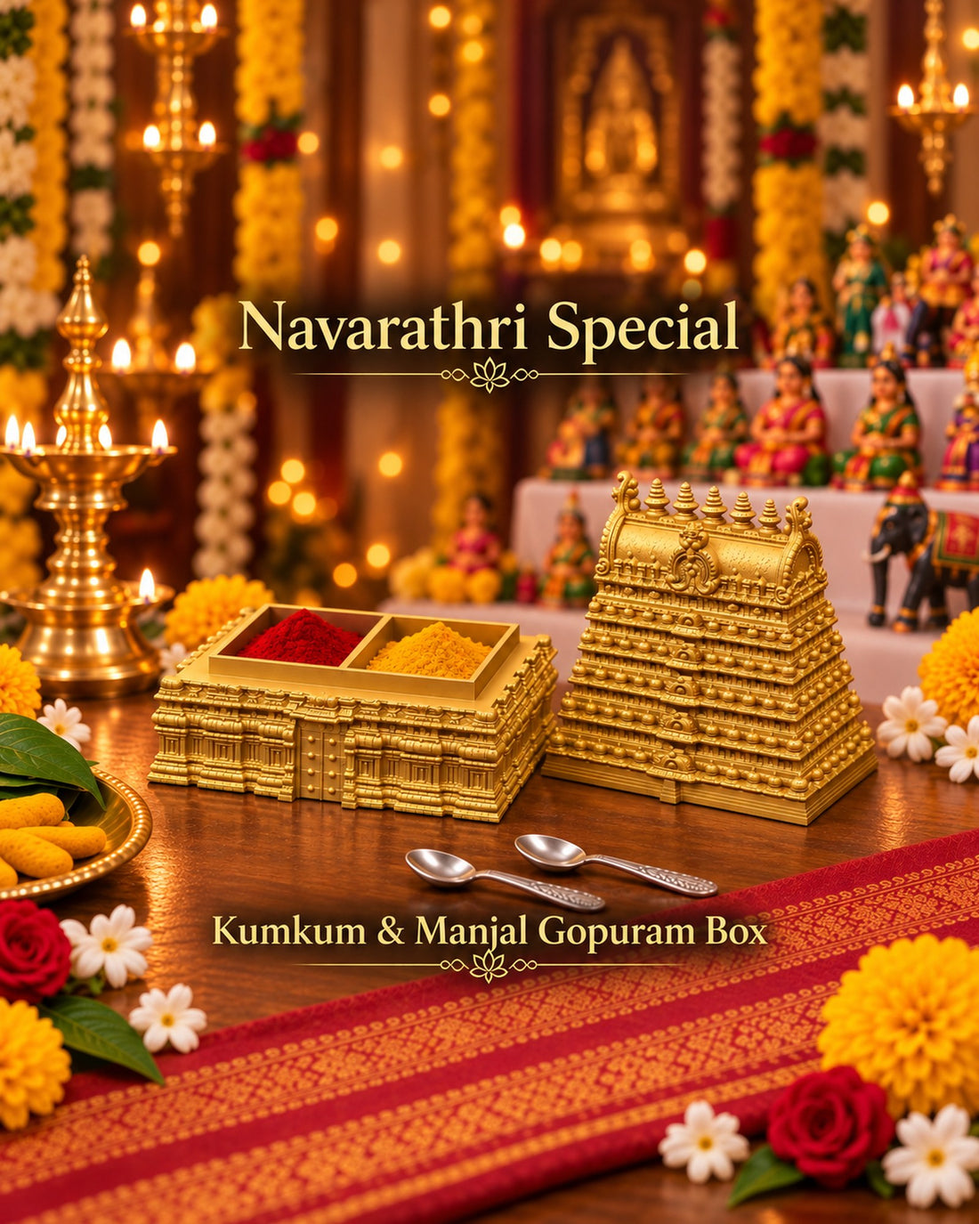 Gold gopuram haldi kumkum box with 2 compartments for kumkum and manjal – Navratri thamboolam gift