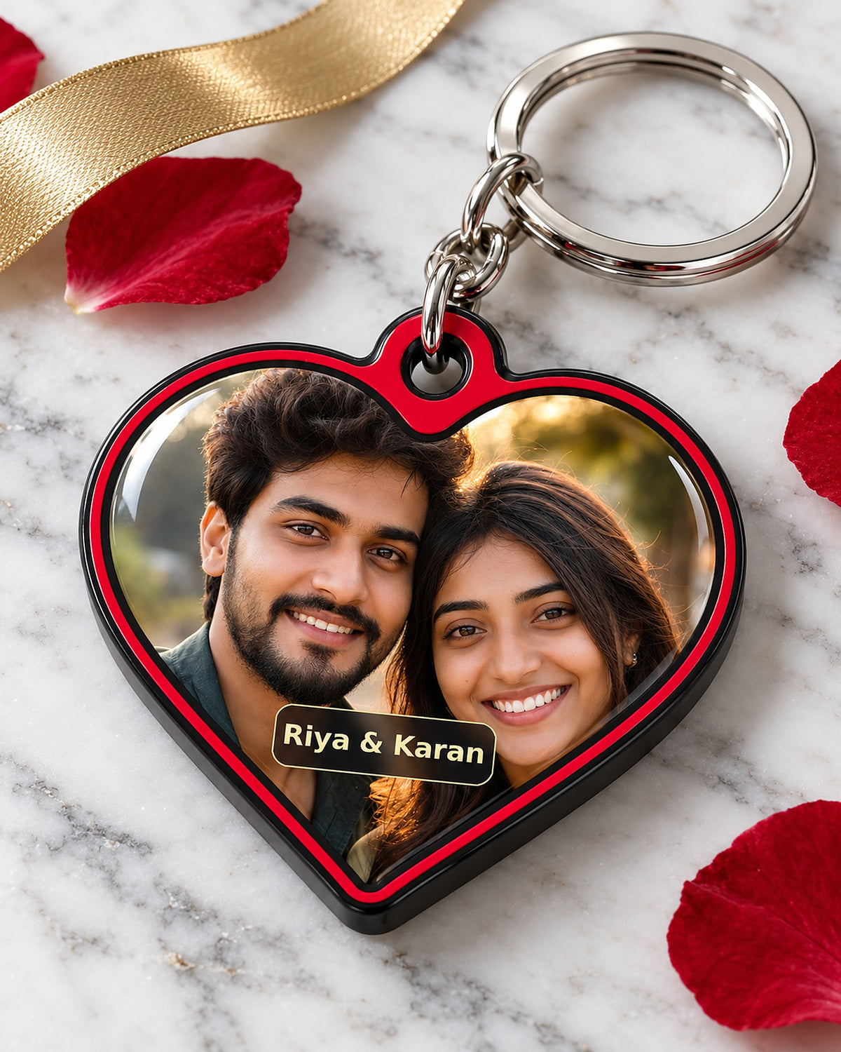 Personalised heart photo keychain on marble with rose petals – couple portrait under resin