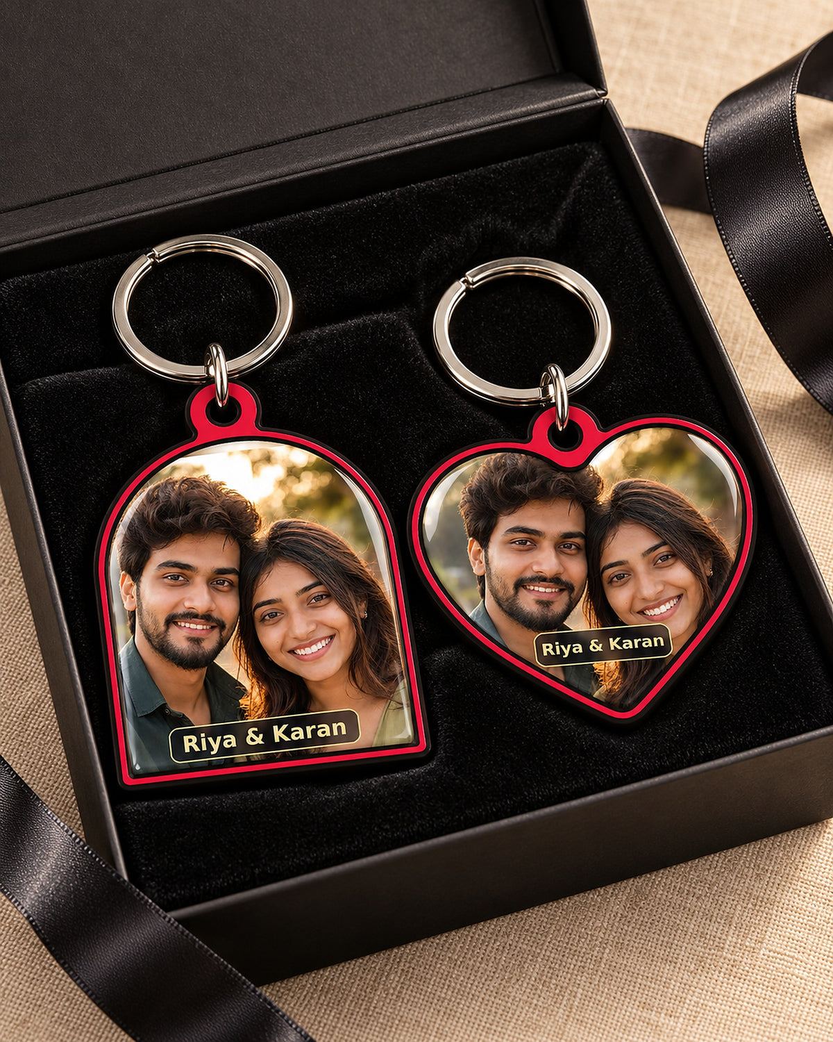 Pack of 2 personalised photo keychains in a black velvet gift box