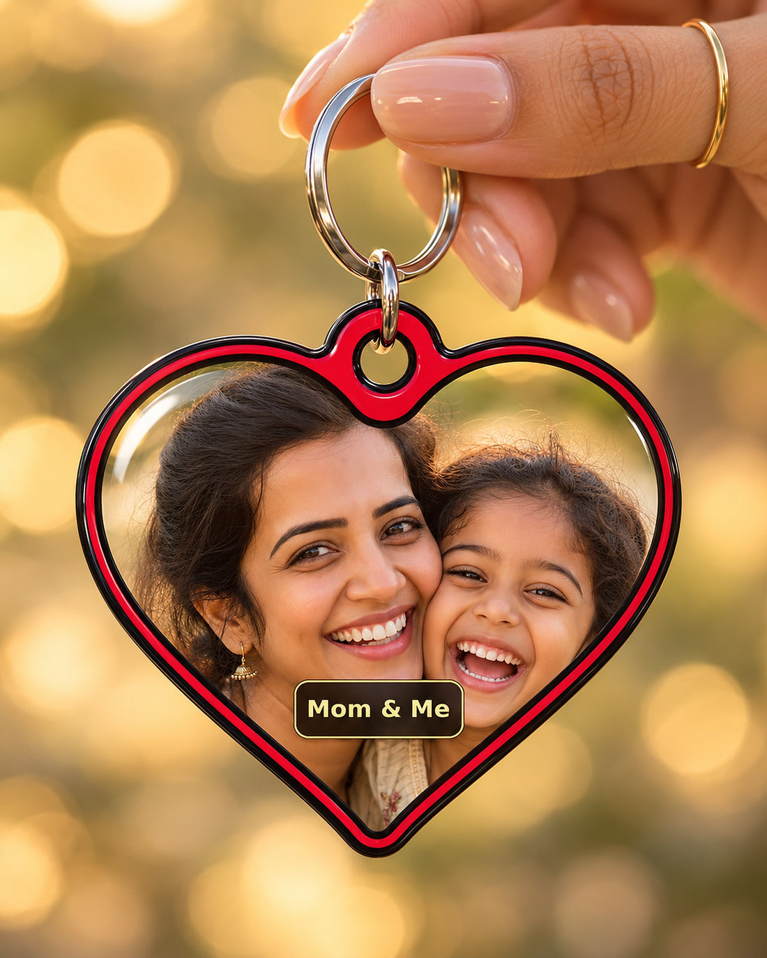 Personalised heart photo keychain on marble with rose petals – couple portrait under resin