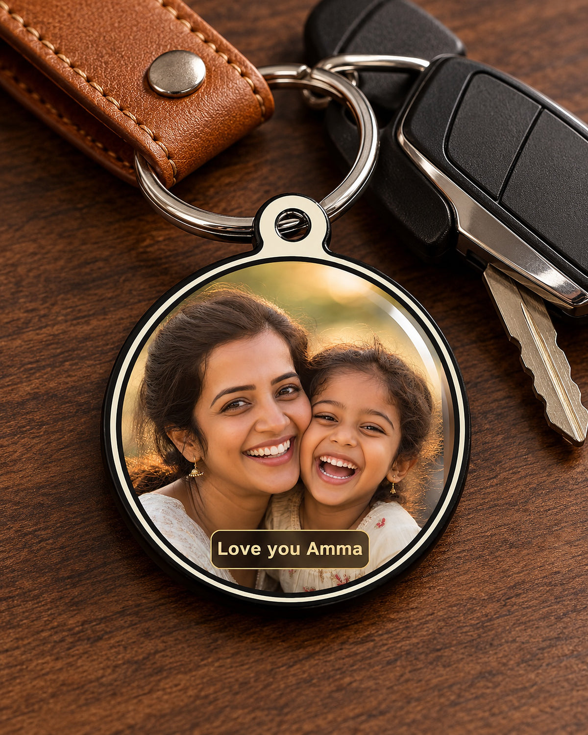 Circle photo keychain with car keys and leather fob – Love you Amma