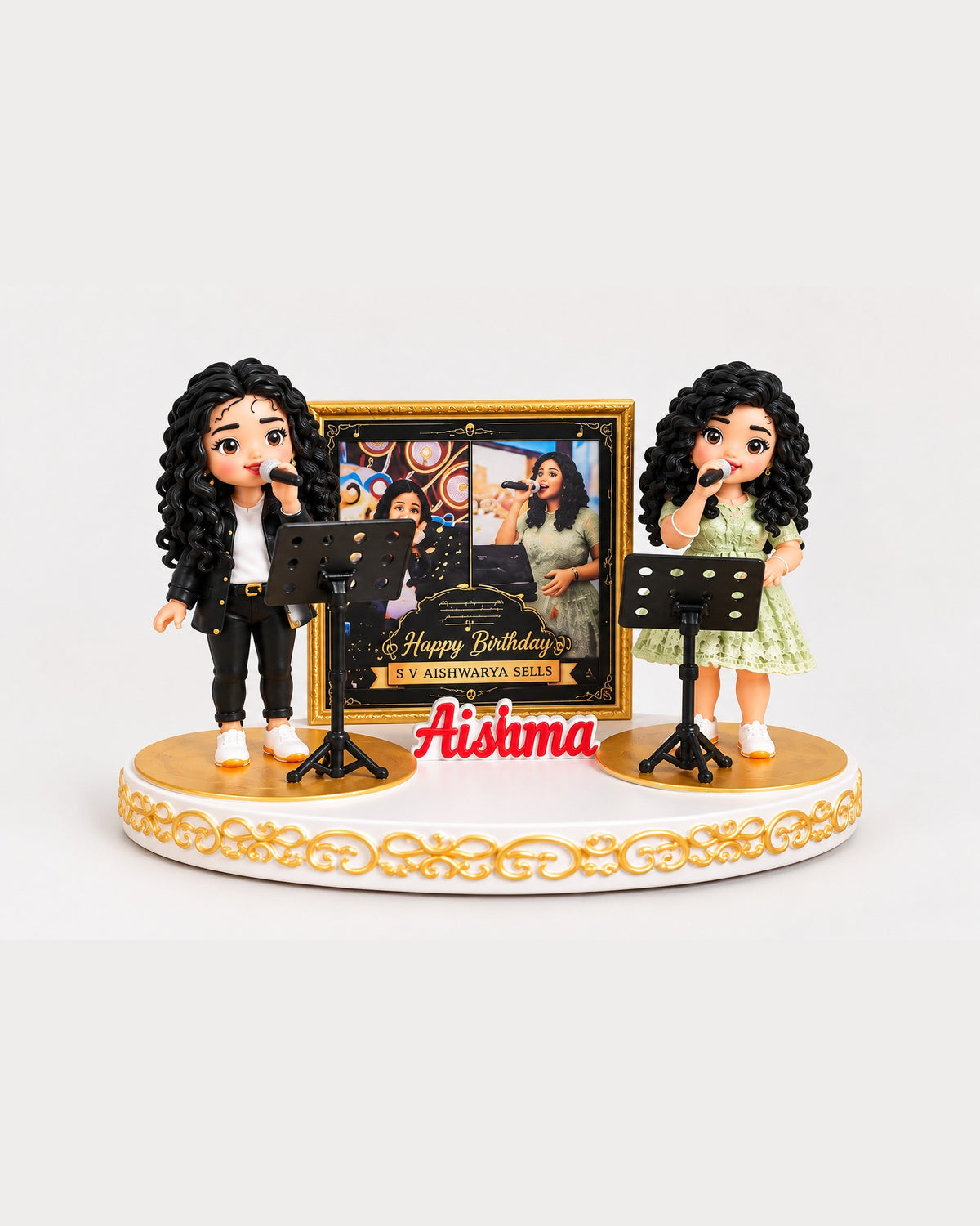 Personalised mini-me miniature, Singer theme with two chibi figurines, microphones, photo frame and custom name plate on a gold-trimmed stage base