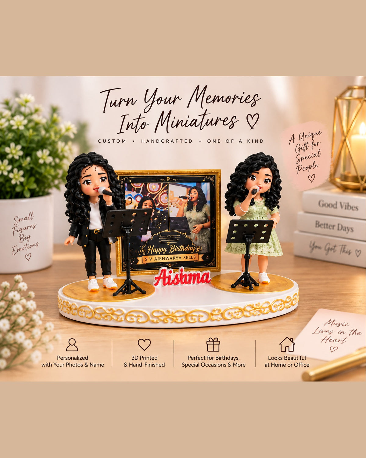 Custom mini-me figurine gift made from your photos, shown in the Singer theme on a desk – any hobby or profession available