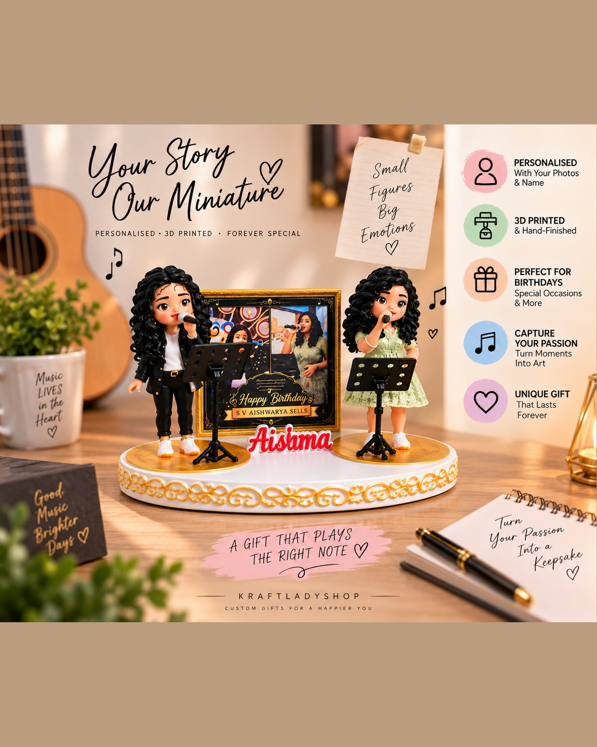 Personalised 3D printed mini-me miniature with photo frame and name, hand-finished, Singer theme example – gift for birthdays, graduation and farewells