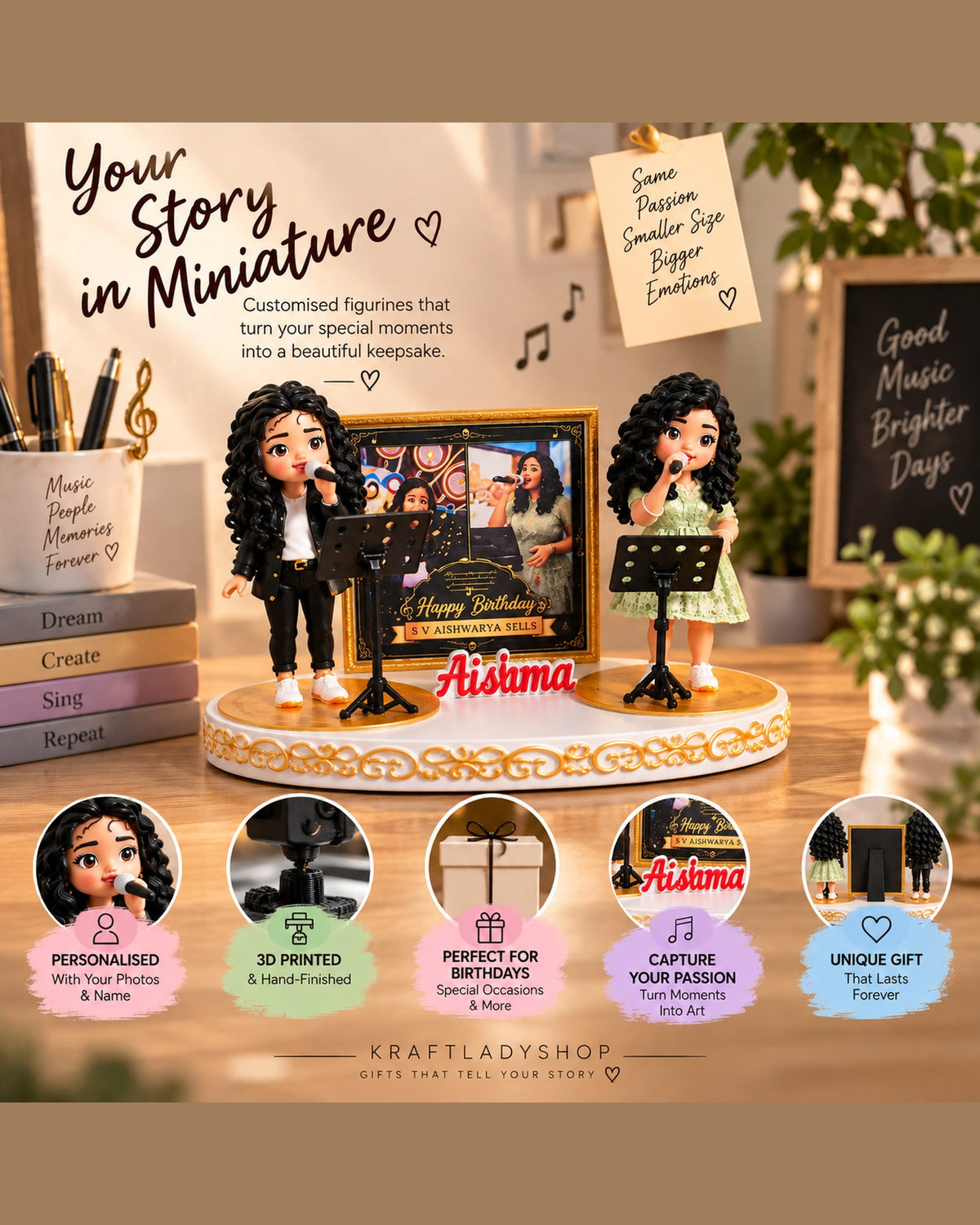 Your story in miniature – personalised figurine of them doing what they love, with photo frame and name plate
