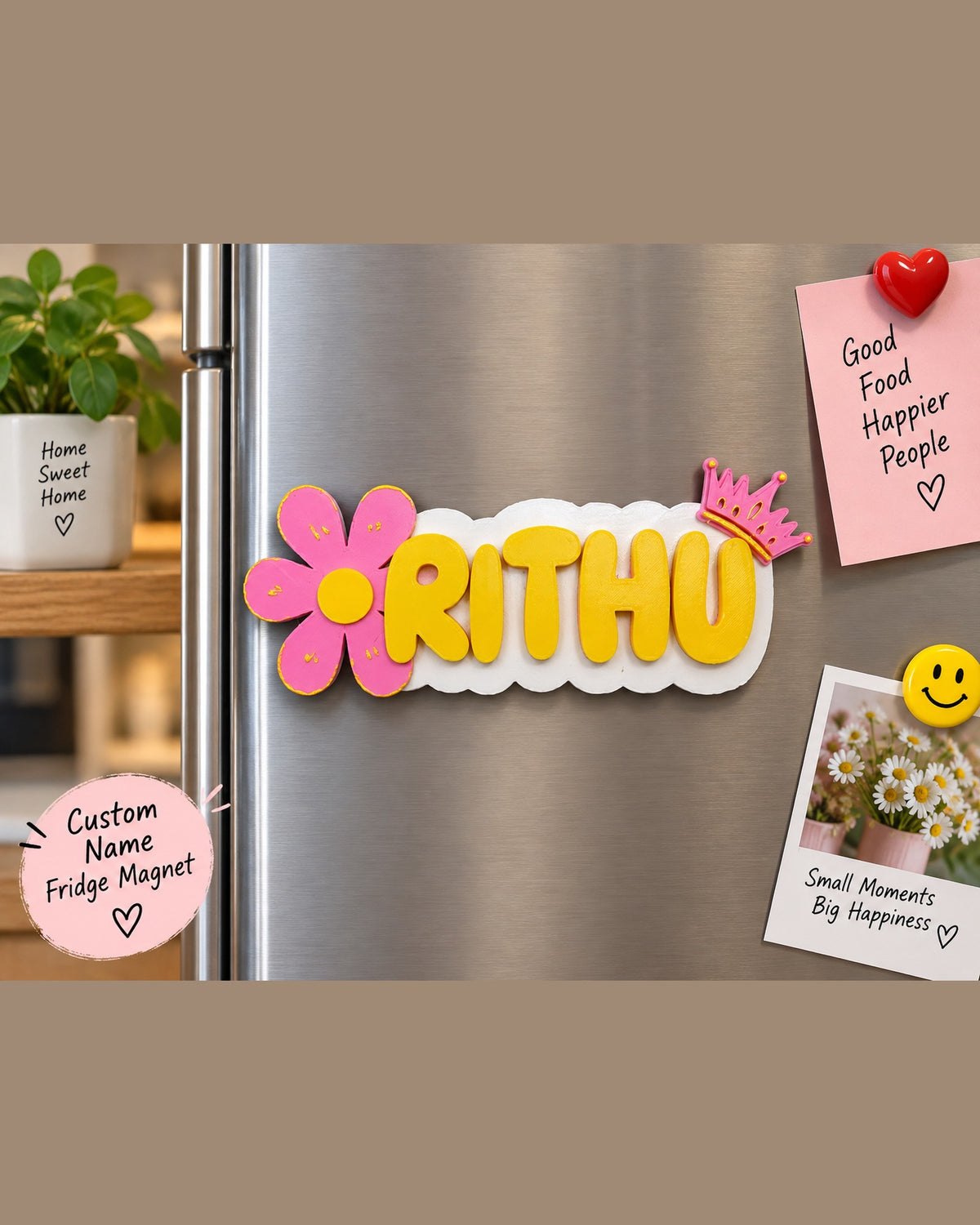 Custom name fridge magnet with 3D printed yellow letters, pink flower and crown on a white cloud base, stuck on a steel fridge door
