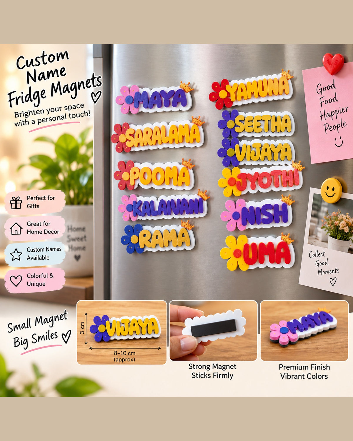 Personalised 3D printed name magnets in many names and colours on a fridge, with size guide of 3 cm high and 8 to 10 cm long and the strong magnet on the back