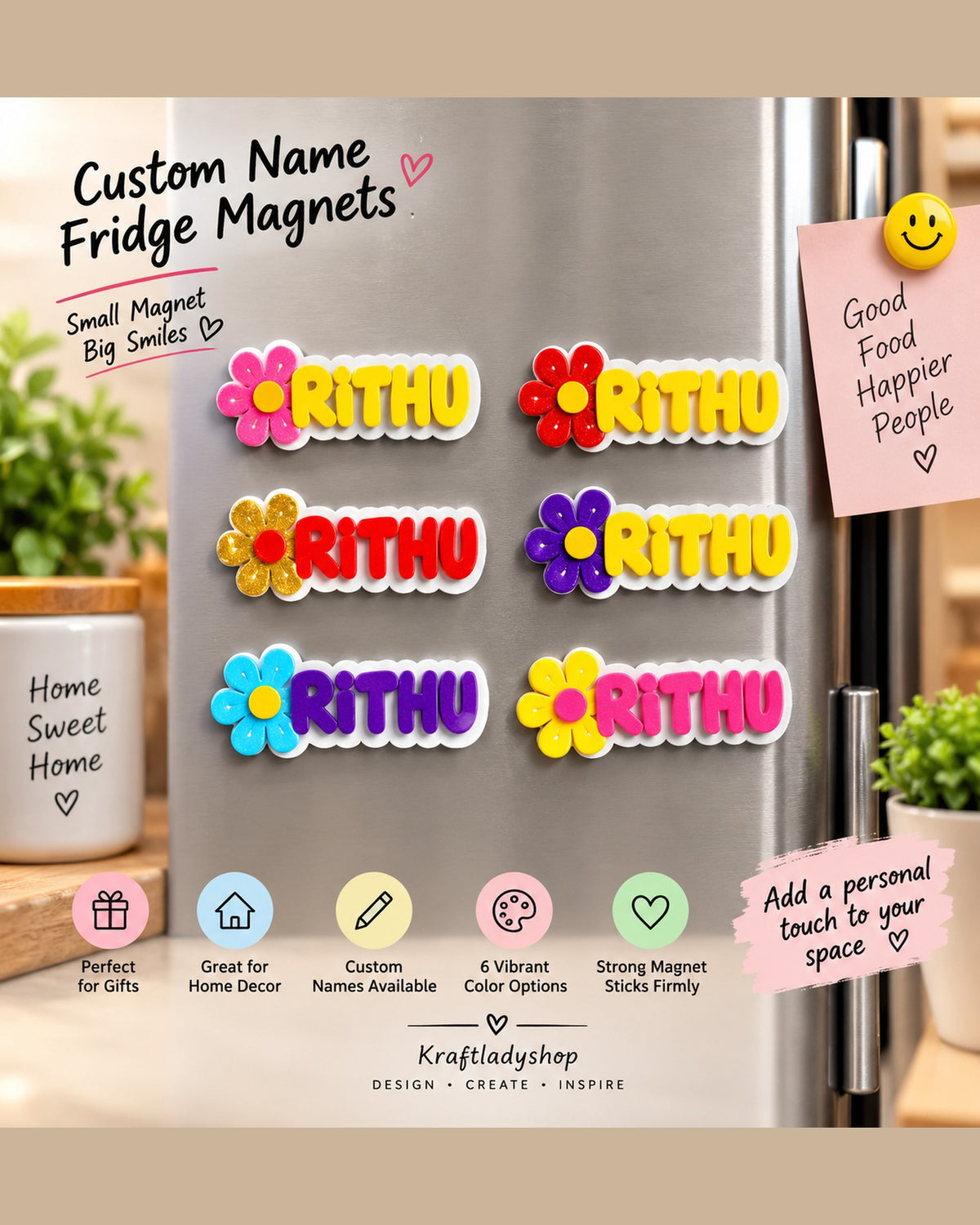 Colour options for the custom name fridge magnet: pink, red, purple and yellow flowers with matching 3D printed names on a fridge