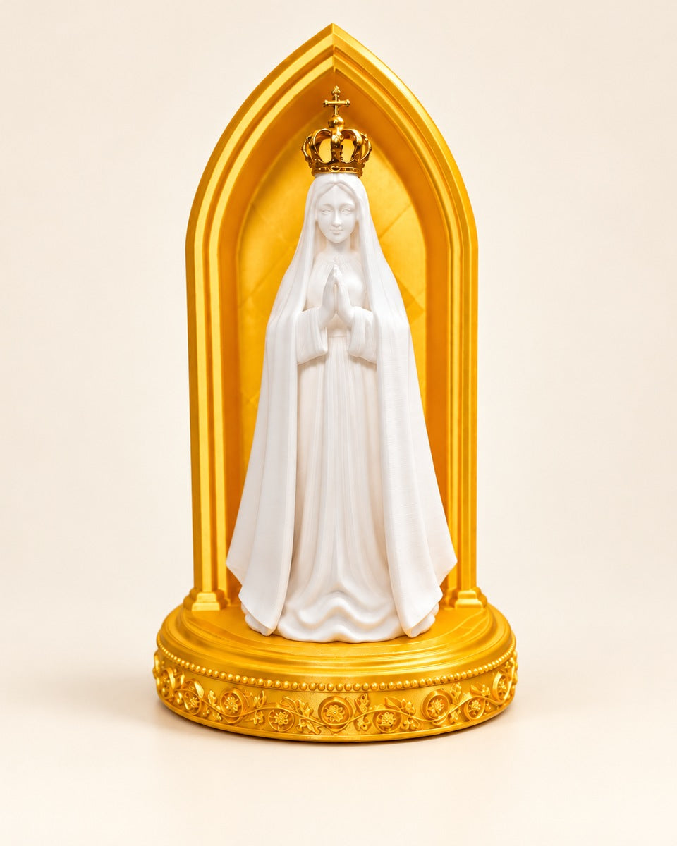 Our Lady of Fatima statue in a gold arch shrine with crown