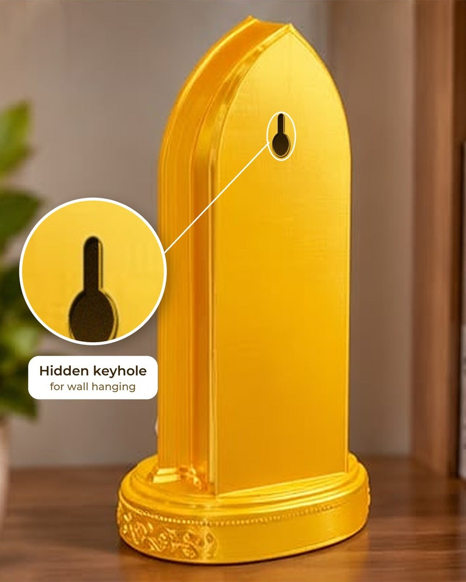 Back of the shrine showing the hidden keyhole for wall hanging