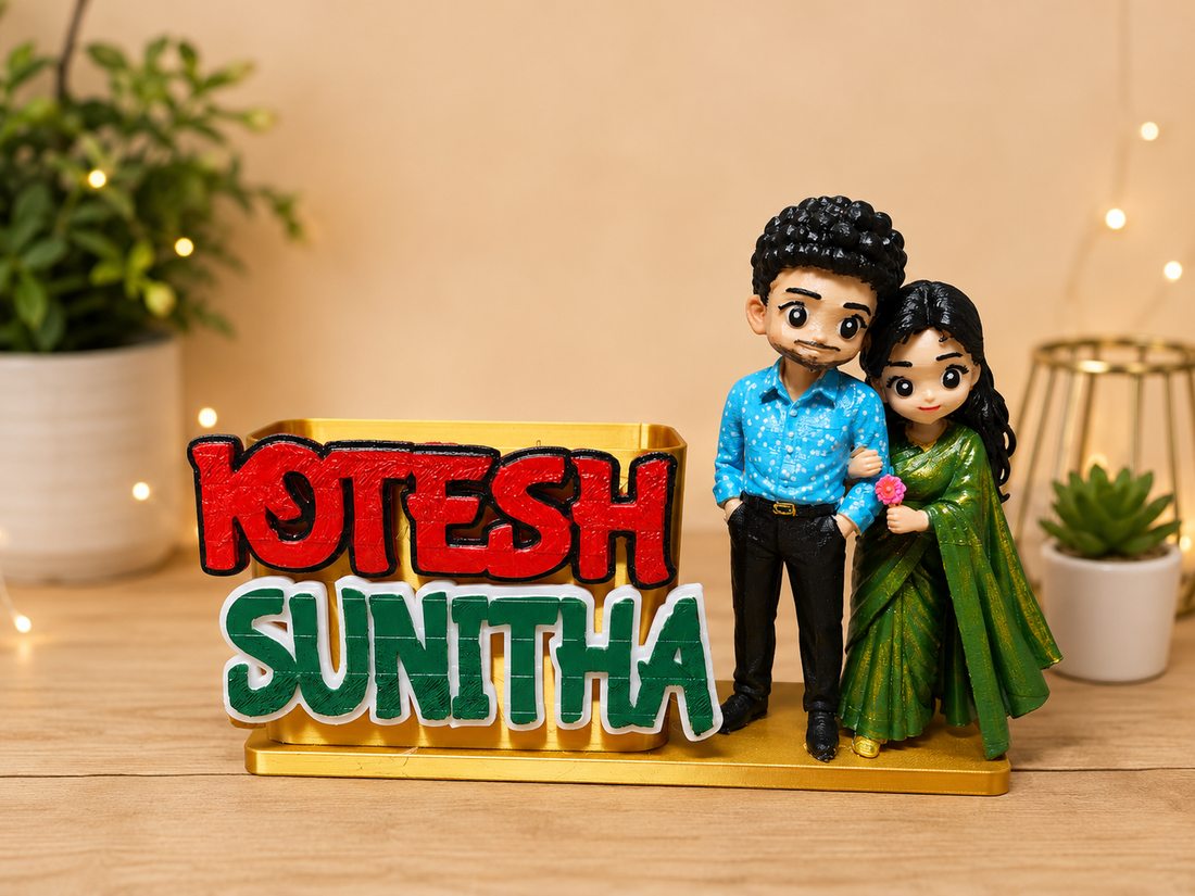Personalised couple miniature pen holder with NFC tap-to-play video and custom 3D names