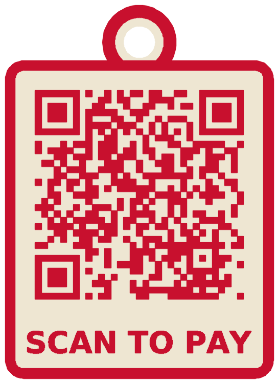 Scan to pay UPI QR code keychain, red on ivory with resin dome