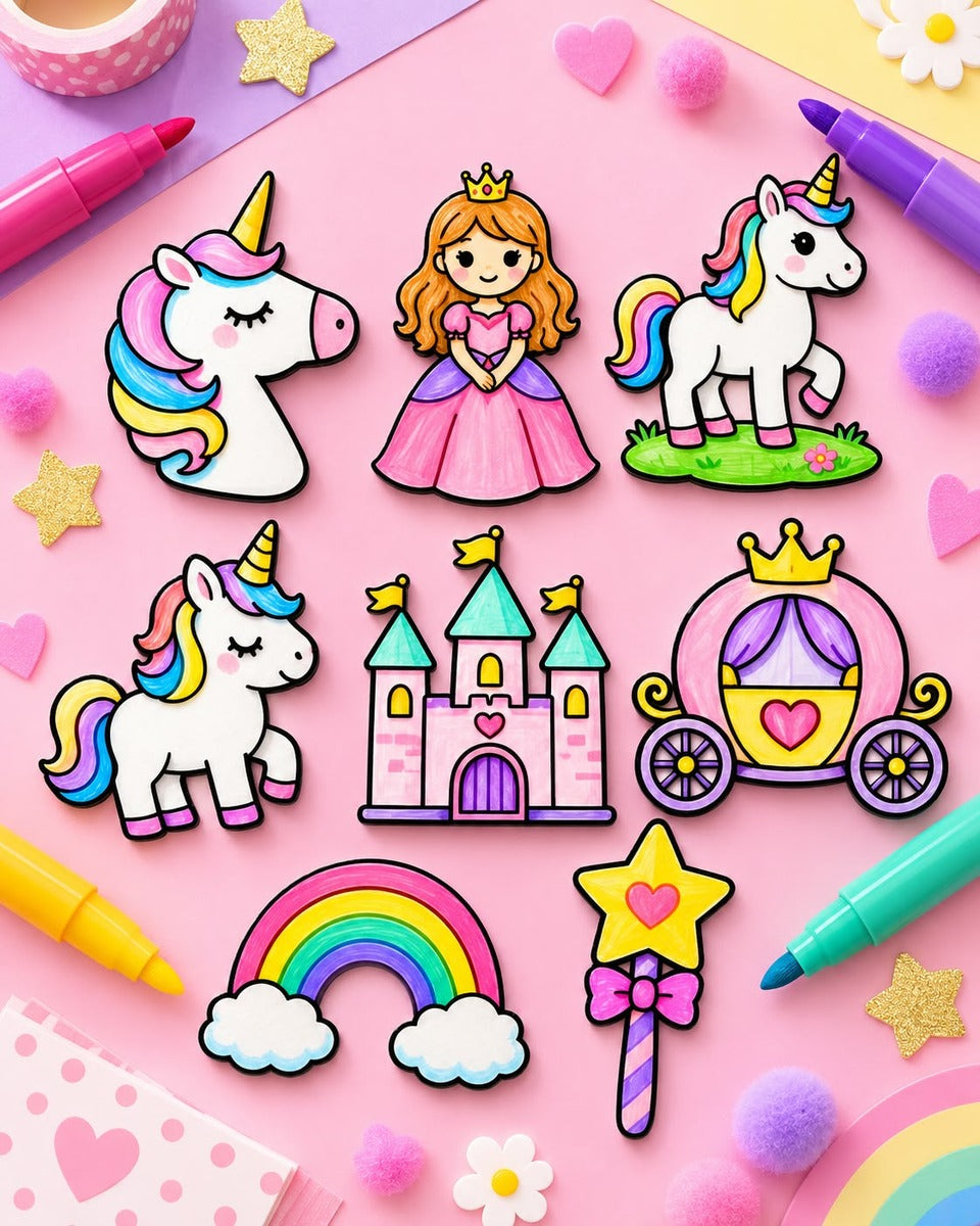 Princess coloring set coloured in – unicorns, princess, castle, carriage, rainbow and wand