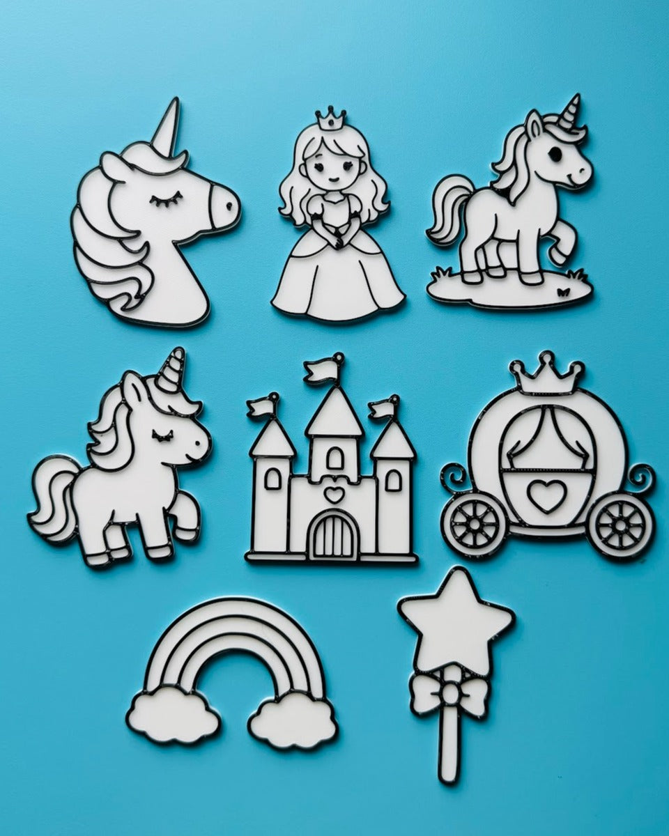 Actual 3D printed princess coloring set, 8 pieces, before colouring