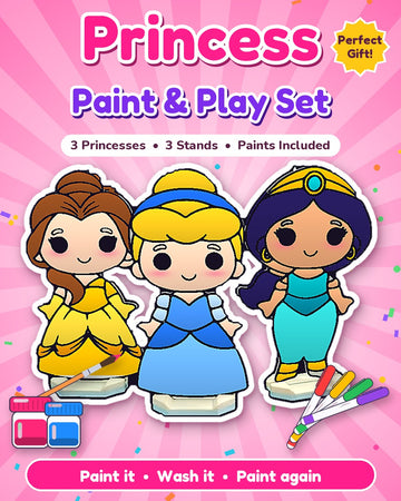 Princess Paint & Play Set – 3 Princess Stand Figures with Paints, Brush & Sketch Pens (Reusable)